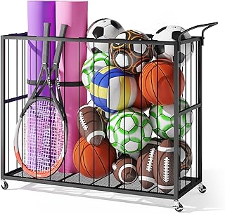 Ball Storage Bin Rolling Sports Ball Cart, Metal Garage Organizer Sport ...