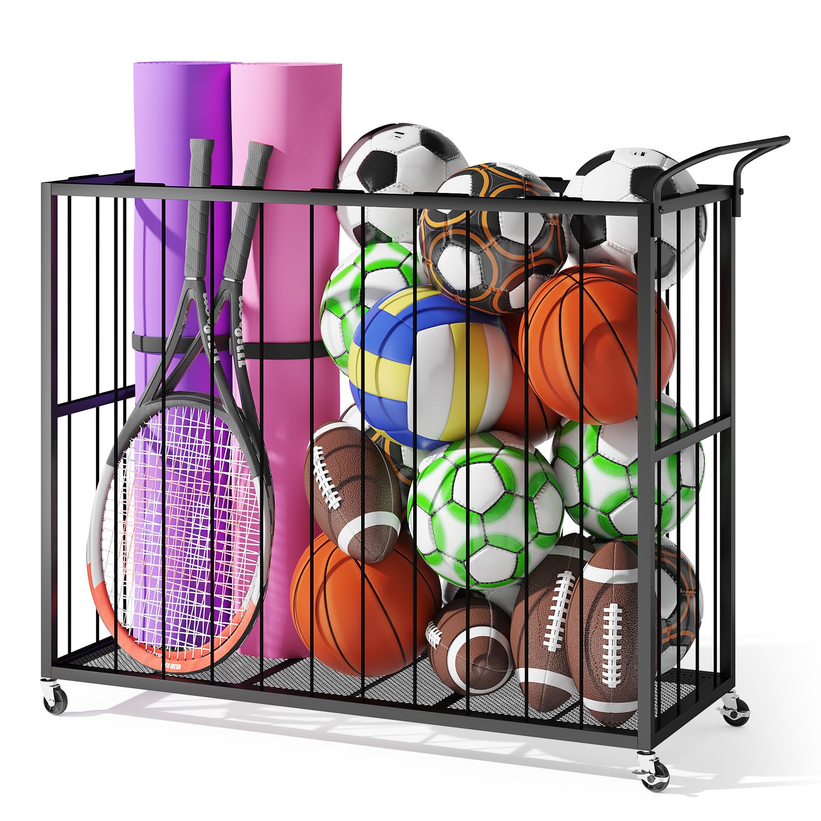 Homsorout Ball Storage Bin Rolling Sports Ball Cart, Metal Garage Organizer Sport Rack, Ball Basket Storage, Ball Cage for Garage or Gym, Indoor & Outdoor Sports Equipment Organizer(Black)
