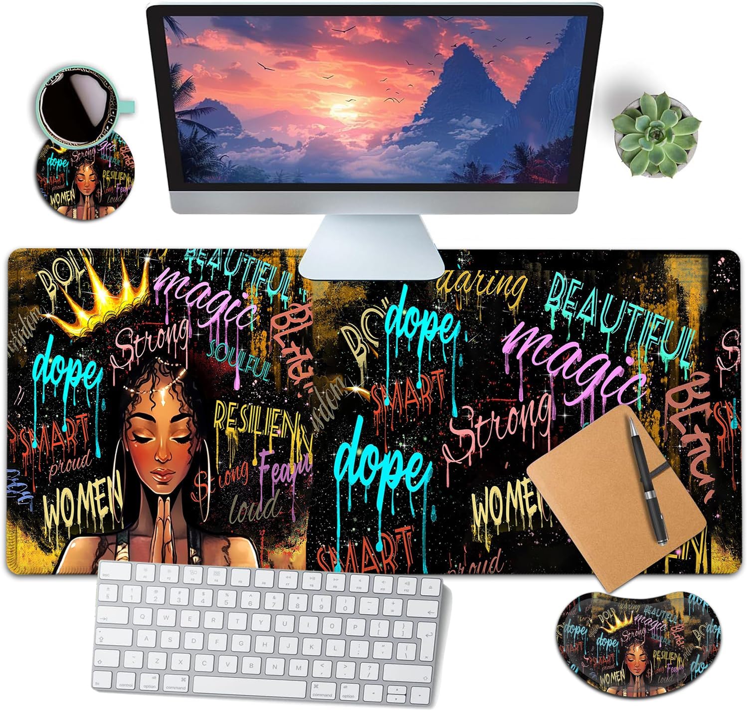 Large Mouse Pad with Mouse Wrist Rest, 31.5x11.8 in Extended Mouse Mat, Ergonomic Memory Foam Wrist Rest, for Work & Gaming Writing Pad, African American Black Women Graffiti Girl Office Desk Pad