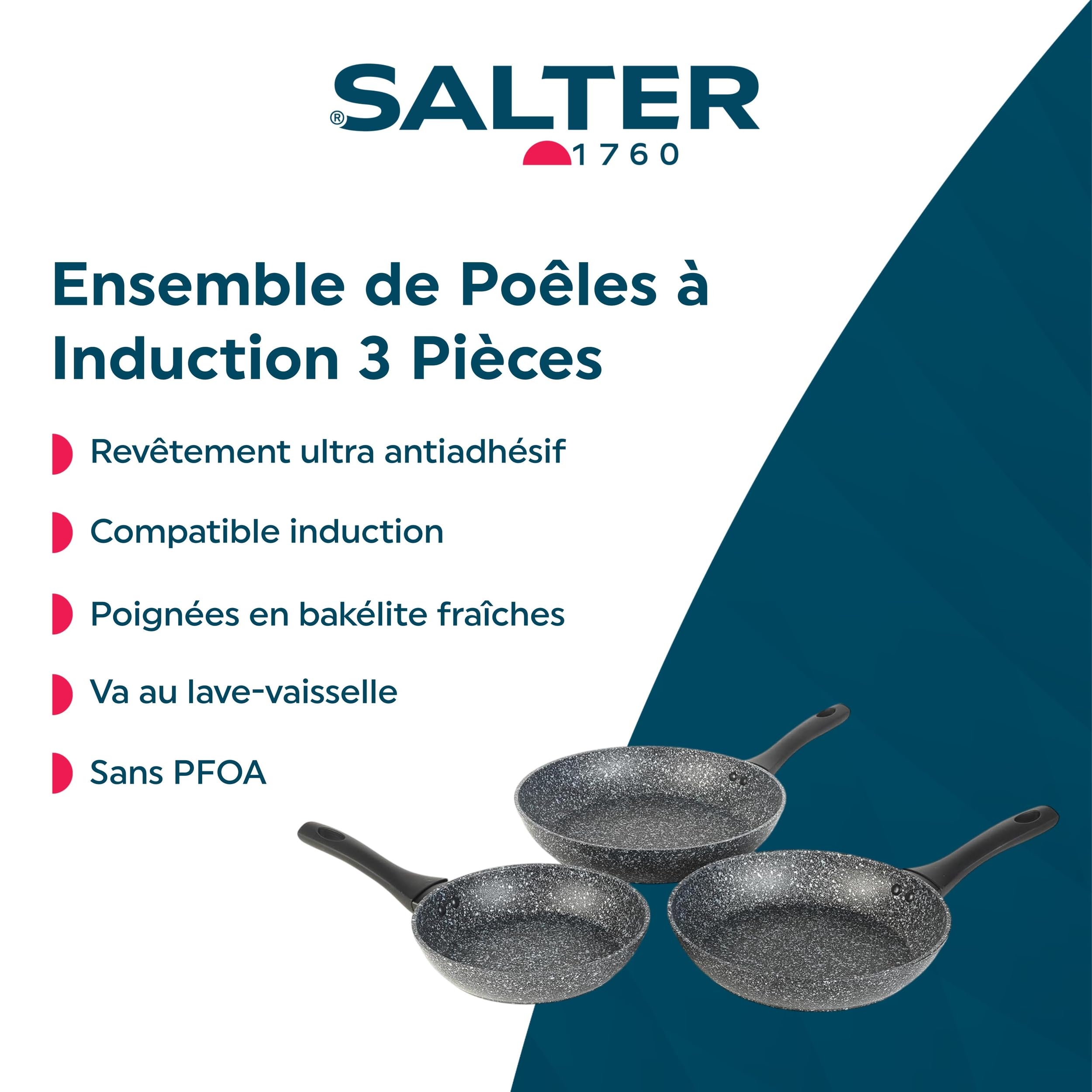 Salter Megastone Lot de 3 poêles, 20/24/28 cm, antiadhésives | Aluminium forgé, compatible induction/gaz/électrique/vitrocéramique, ustensiles métal, lave-vaisselle