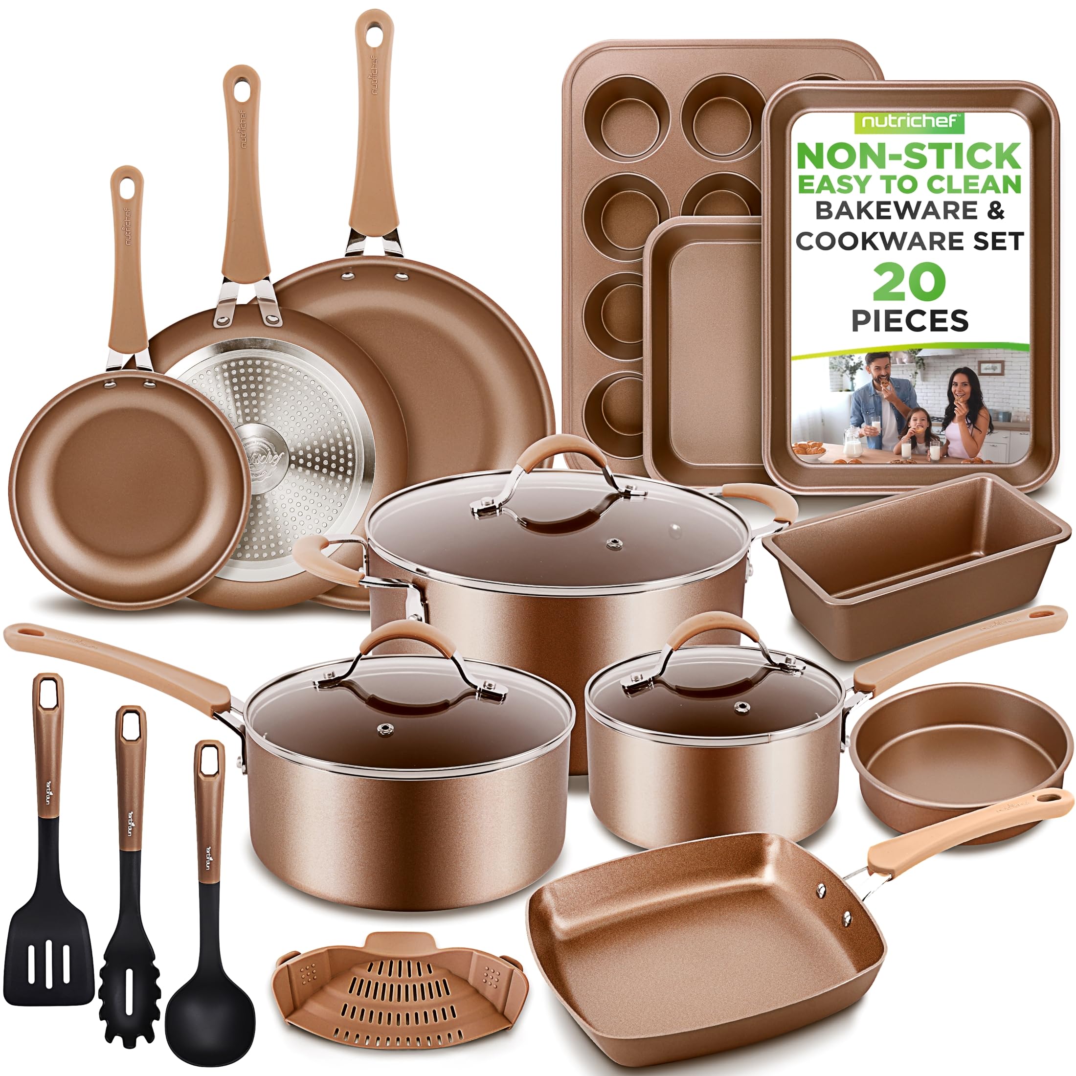 20 Piece Pots and Pans Set, Bakeware and Cookware Set, Induction Hob Pots Set w/Lids, Non Stick Set, Heat Safe Silicone Handles, Saucepan, Frying Pans, Muffin Tin, Cookie Tray, Utensil-Gold