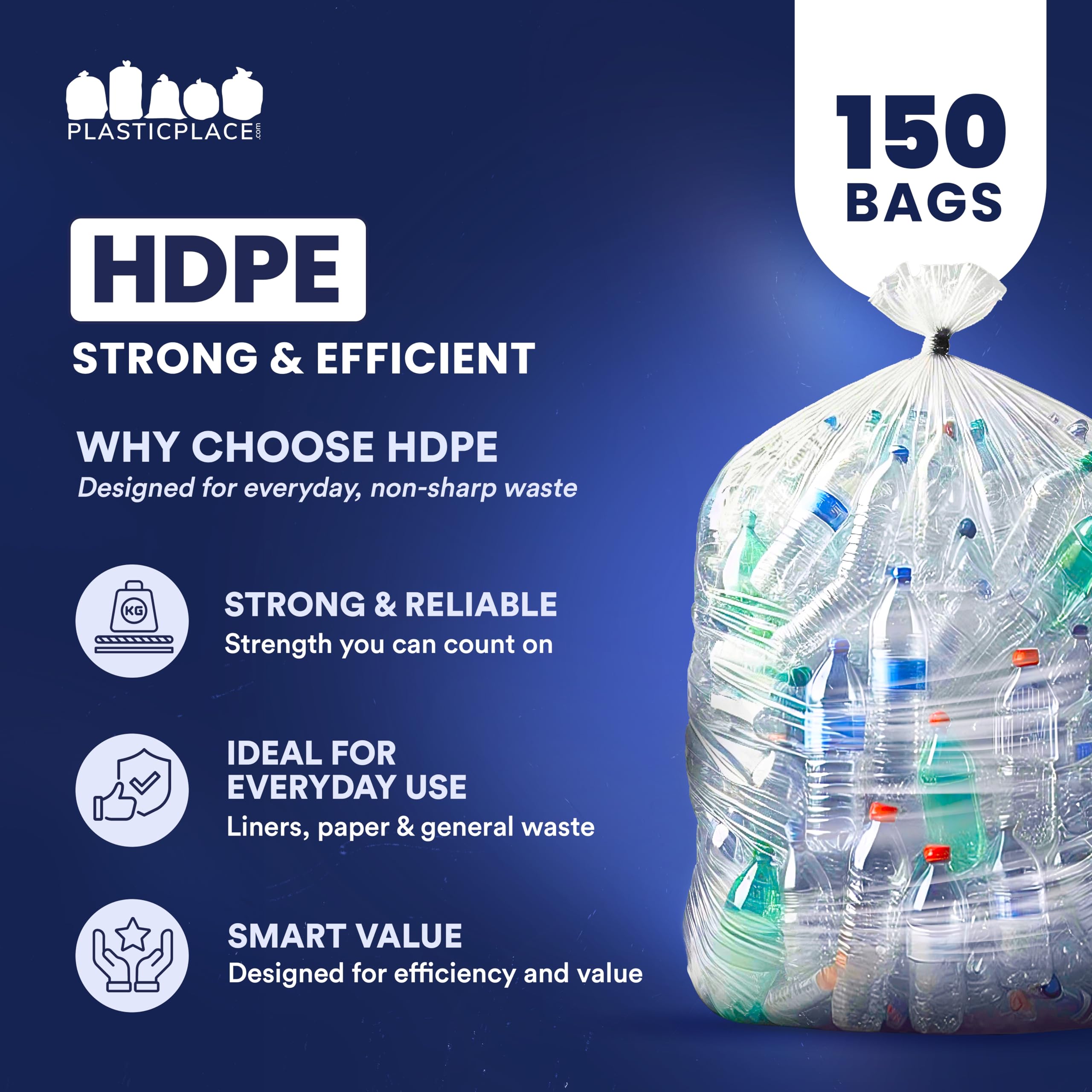 Plasticplace Worki na śmieci, przezroczyste worki na śmieci o wysokiej gęstości, wytrzymałe, bez zapachu, duże wkładki do pojemników na śmieci do kuchni, komercyjnego i ogrodu, 16 mikronów, szczelne