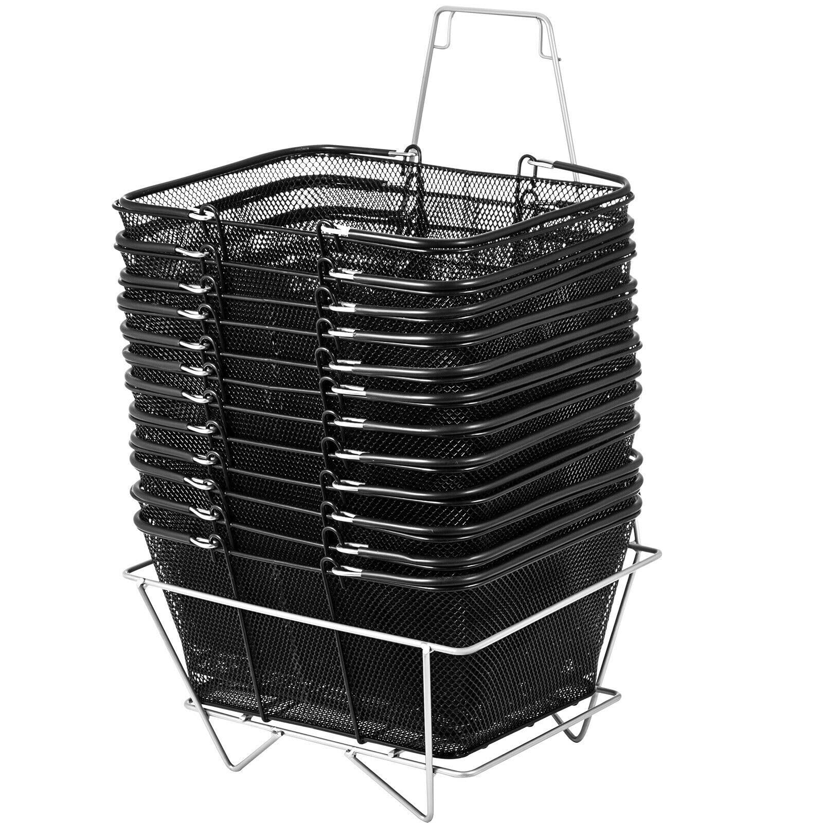 12Pcs Black Shopping Basket Cart with Handles Portable Wire Stackable Supermarket Shopping Set for Laundry Grocery Luggage