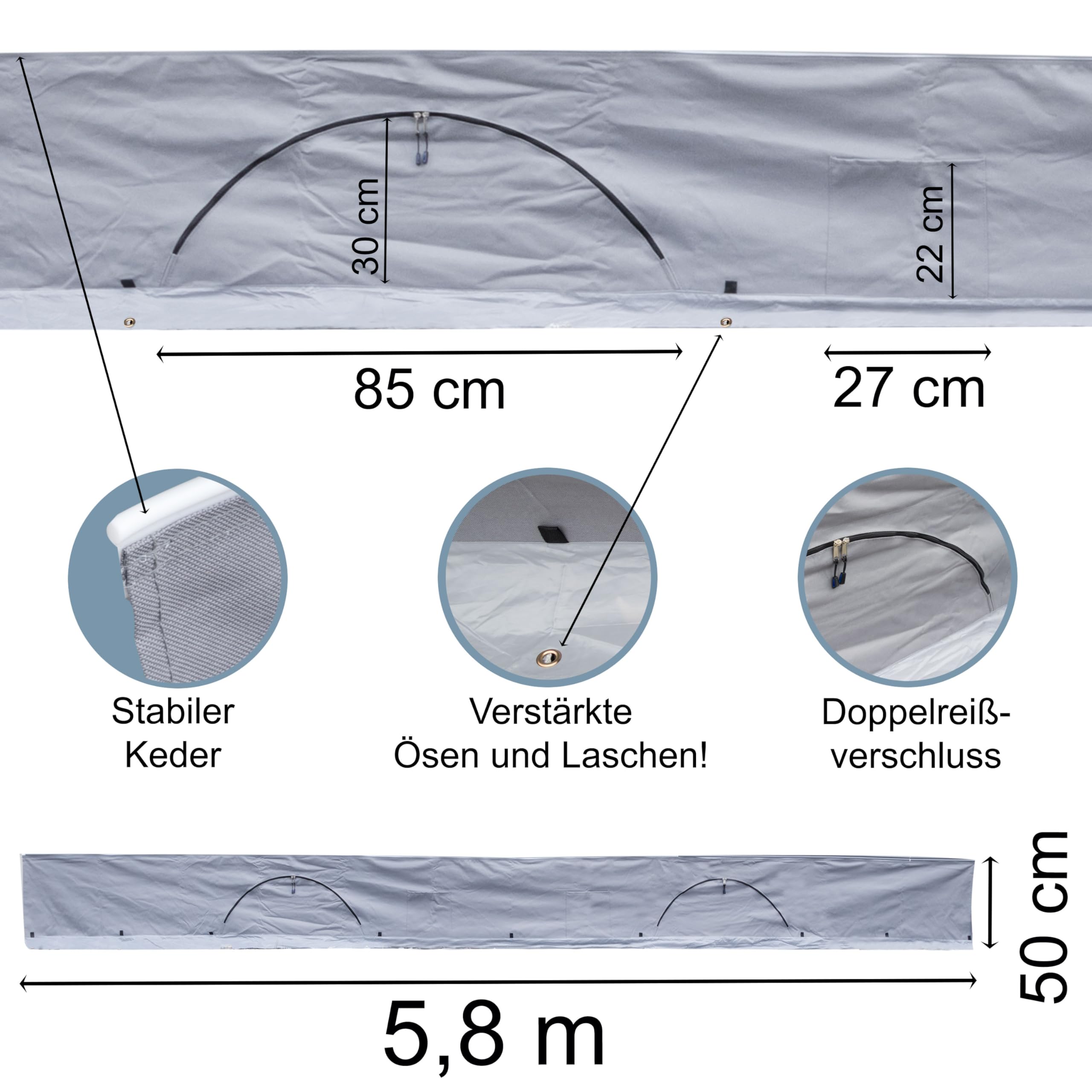 Bodenschürze Wohnwagenschürze 580x50 cm - Grau - mit 2 großen Aufbewahrungstaschen 95x85x30cm - Windschutz für Vorzelt Windblende Wagenschürze Camping Zubehör