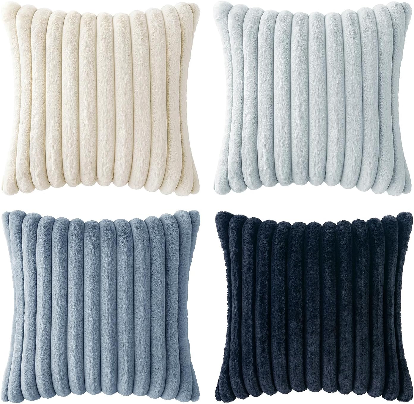 MIULEE Faux Fur Plush Decorative Throw Pillow Covers 18x18 Set of 4, Spring Modern Soft Fuzzy Coastal Striped Cushion Covers for Sofa Couch Bed Living Room Cozy Home Decor,Navy Blue - Image 8