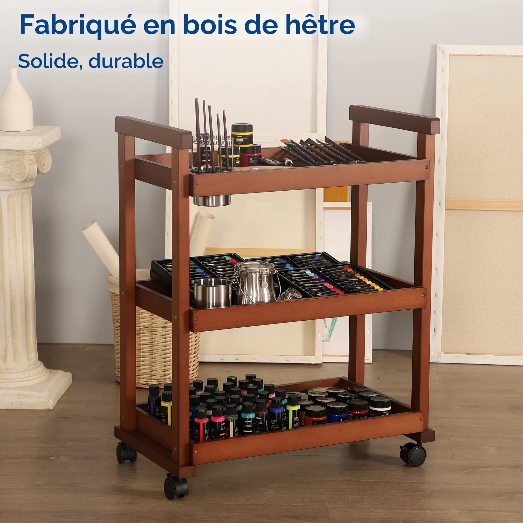 VISWIN 93cmH Art Cart Organisateur de Stockage À 3 Niveaux, Chariot Utilitaire Rotatif en Bois de Hêtre Massif avec roulettes, Chariot Multifonctionnel pour Étude, Salle de Classe et Cuisine