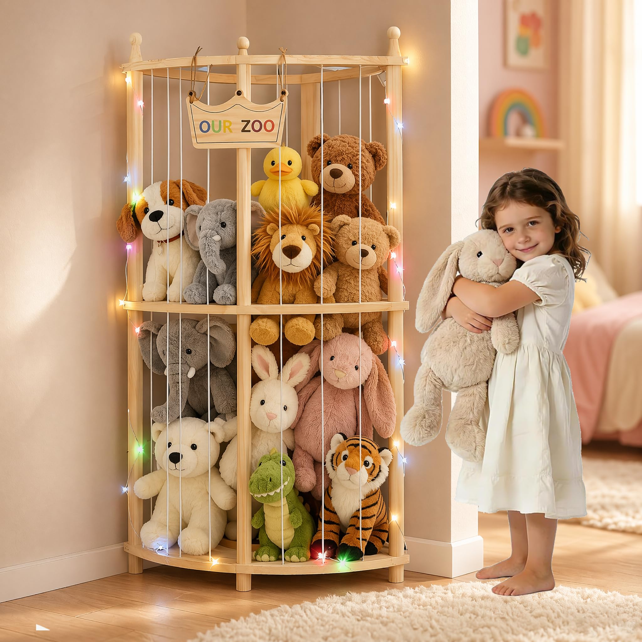 Rincón Organizador de Peluches Madera 96×44cm – FSC Estante con Luces LED y Correa Elástica, Almacenamiento Robusto para Habitación Infantil, Sala de Juegos y Salón