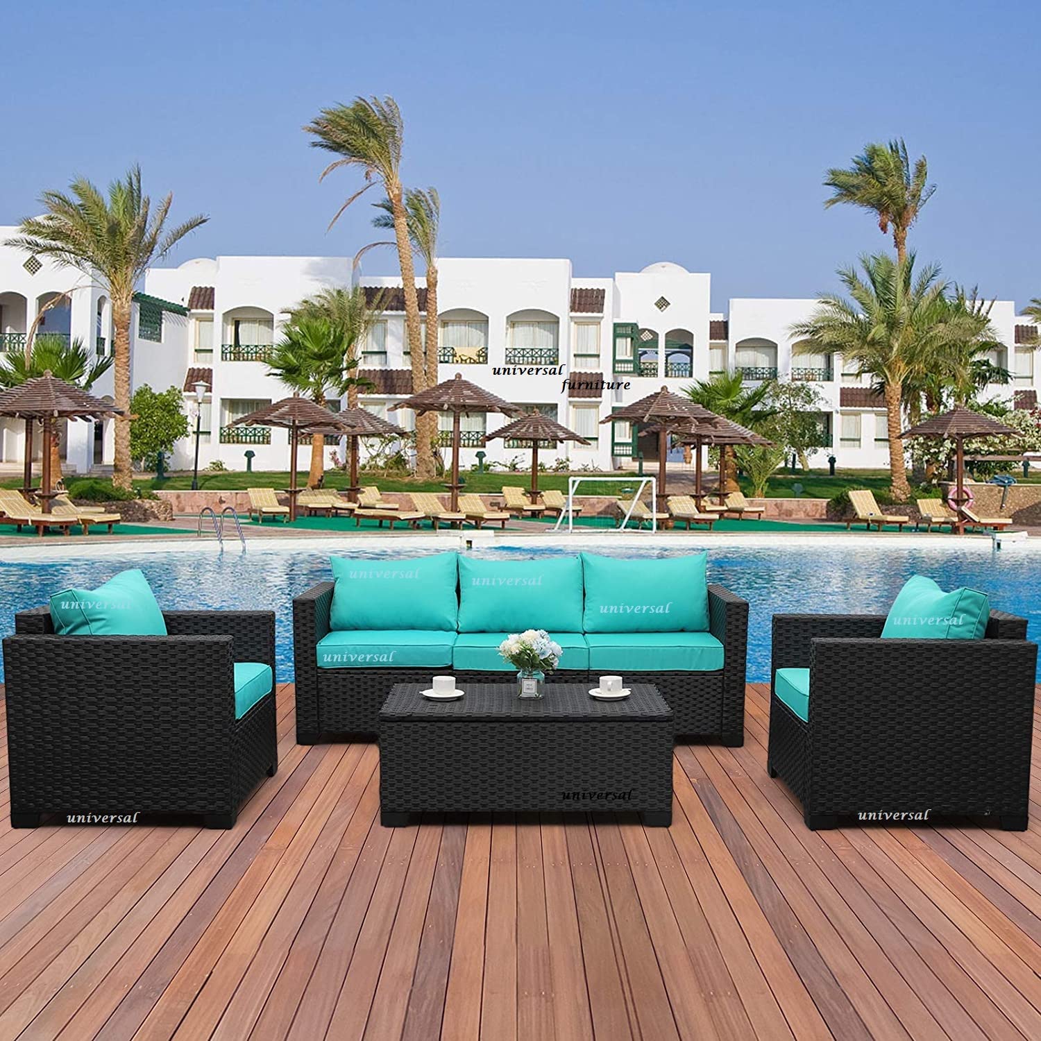 UF 5 Seater Outdoor Sofa Set for Garden Balcony Terrace Living Room with Center Coffee Patio Table and Cushions with Water Resistance and UV Protection - (Blue & Black)-image-14