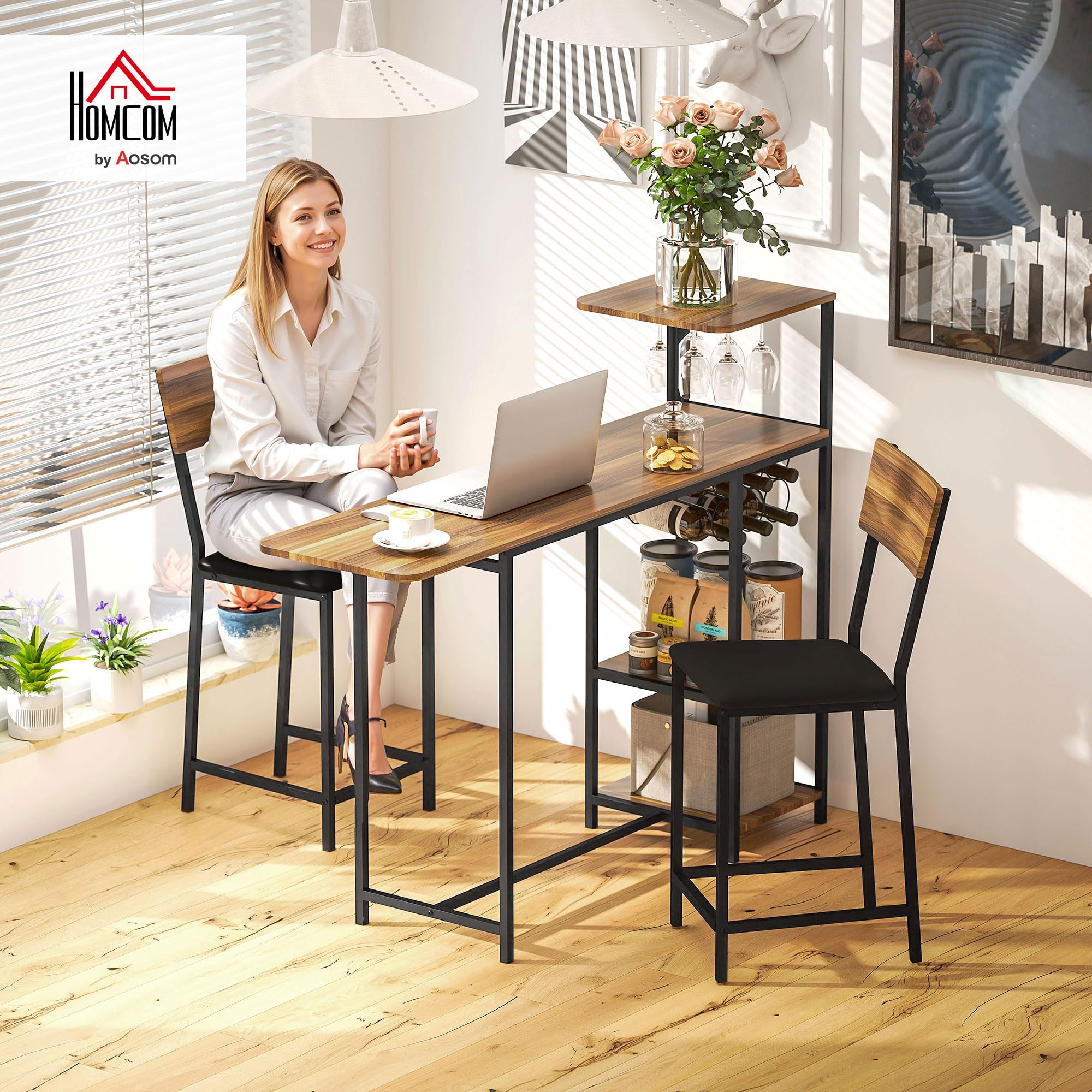 HOMCOM Set da Bar 3 Pezzi con Bancone Bar Pieghevole Allungabile e 2 Sgabelli Alti con Schienale e Poggiapiedi, Portavini e Portacalici Integrati, Stile Industriale, Tavolo Bar per Soggiorno, Marrone