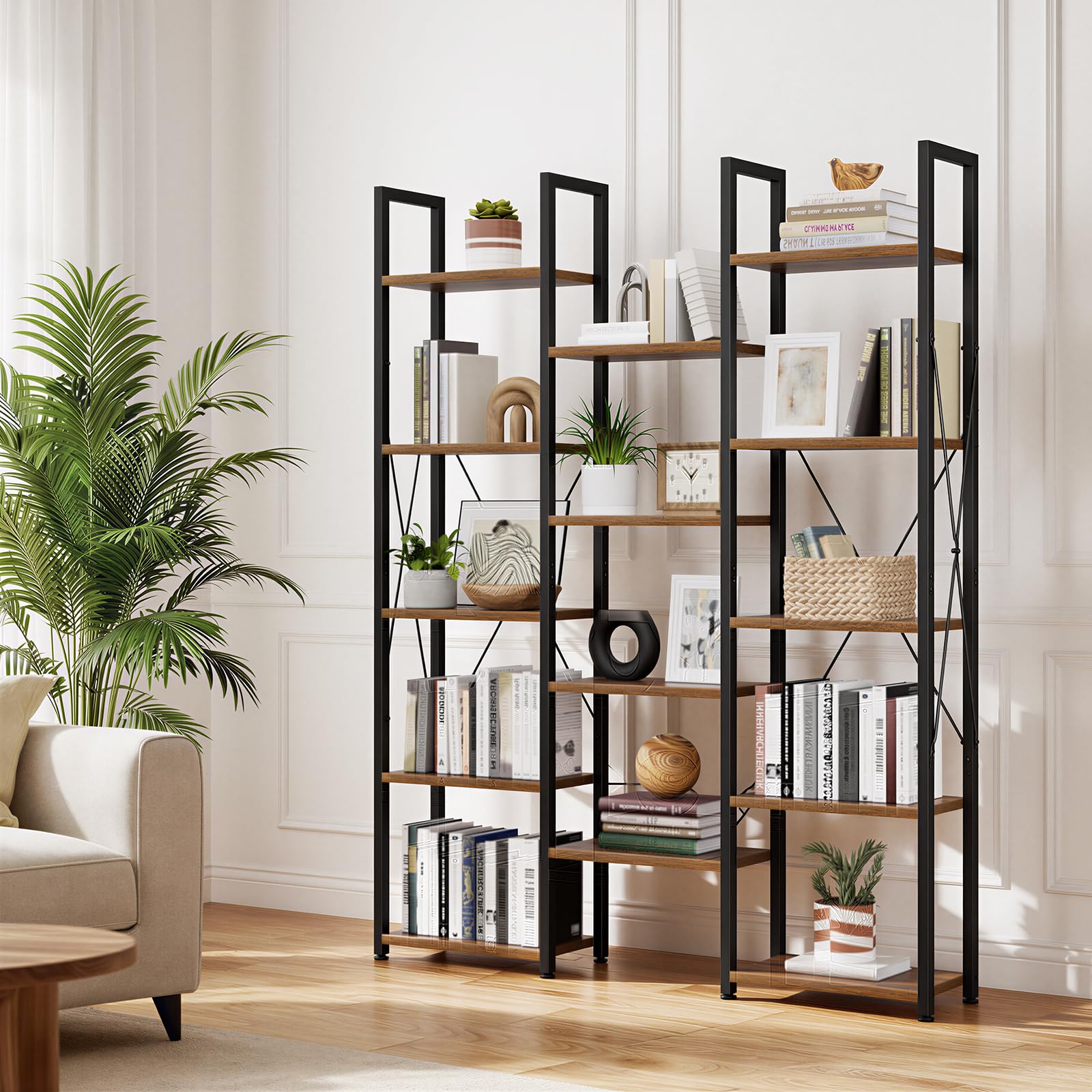 NUMENN Libreria a 5 ripiani a 3 colonne, vintage | Grande scaffale industriale per libri, ampia e moderna, facile da montare, per soggiorno, casa, ufficio, sala studio