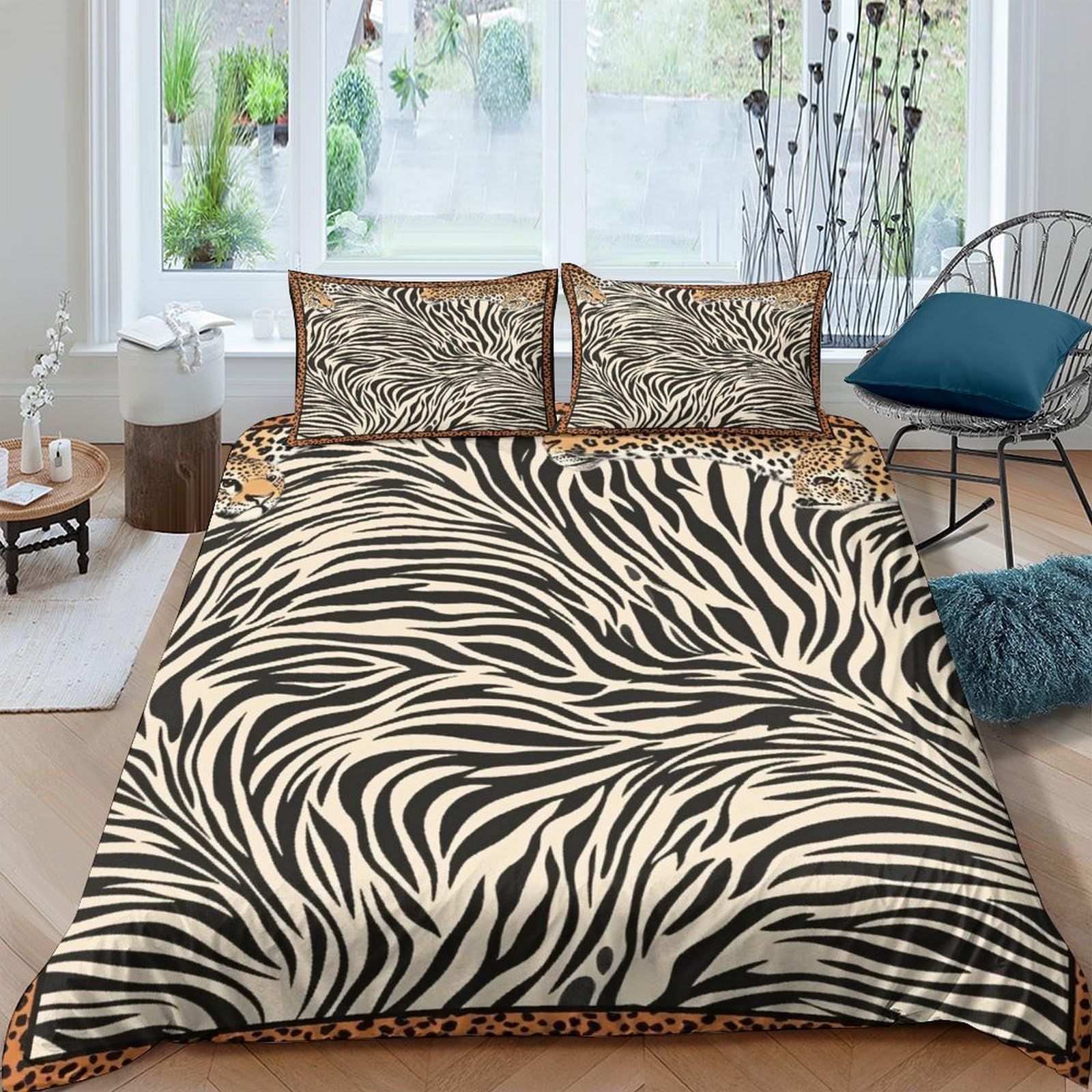 GPLZQXKJNH 3D Printed Zebra Stripe Duvet Cover Microfiber Soft Breathable Leopard Bedding Set with 2 Pillowcases for Bedroom Decor Single（135x200cm）