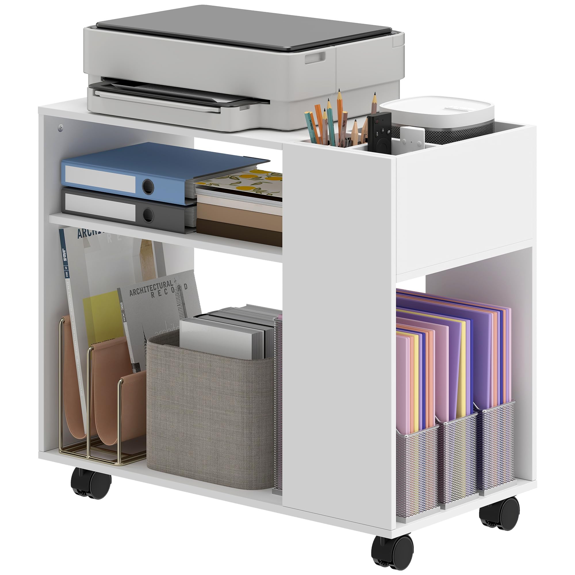 HOMCOM Meuble pour imprimante avec roulettes, meuble de bureau multifonctionnel avec compartiments ouverts, étagère et compartiment, table de chevet pour salon, chambre, bureau et , 70x36x60
