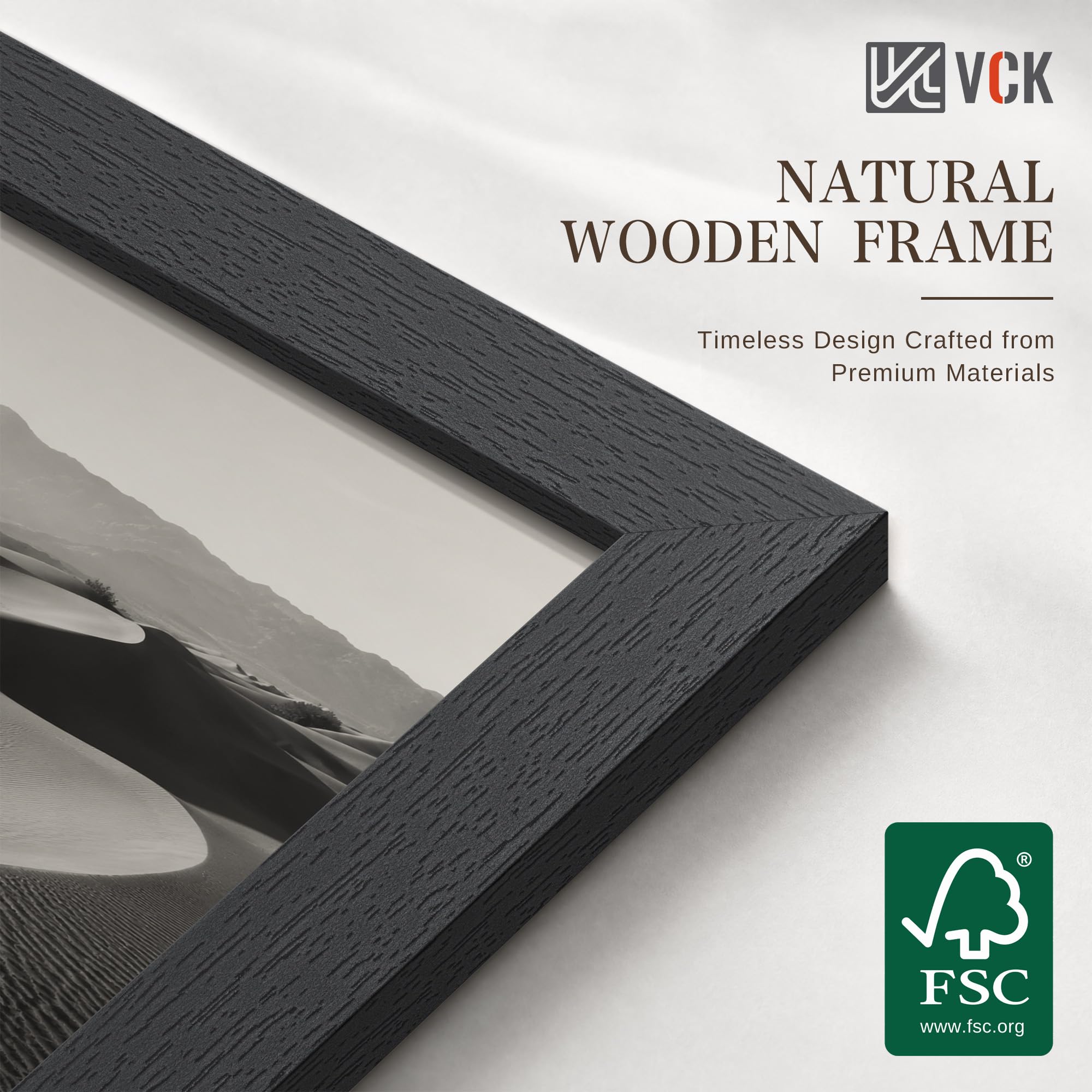 VCK 12x18 Bilderrahmen Set mit 10 Stück – Schwarz, breiter Rand, Massivholzrahmen, Display Bilder in horizontaler und vertikaler Form, für Zuhause, Büro, Galerie, Holzmaserung, Wandbehang