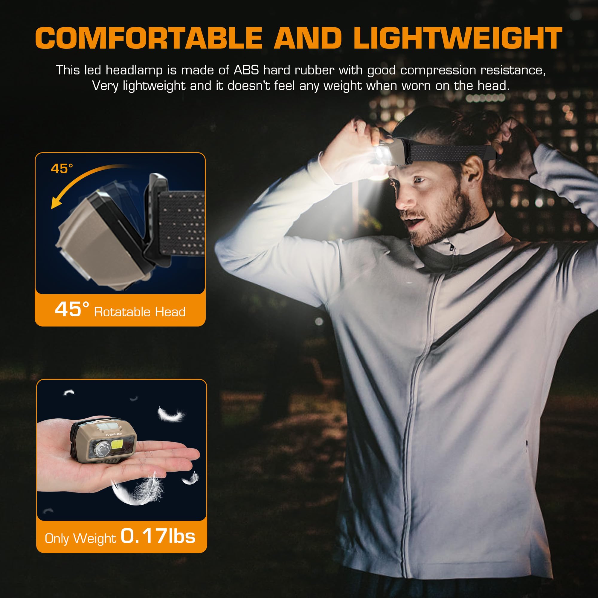 EverBrite Latarka czołowa LED do ponownego ładowania, 500 lumenów, khaki, 5 trybów, czerwone światło i czujnik ruchu, 80 g lekka lampa czołowa do biegania, wędrówek, na kemping (w zestawie kabel micro