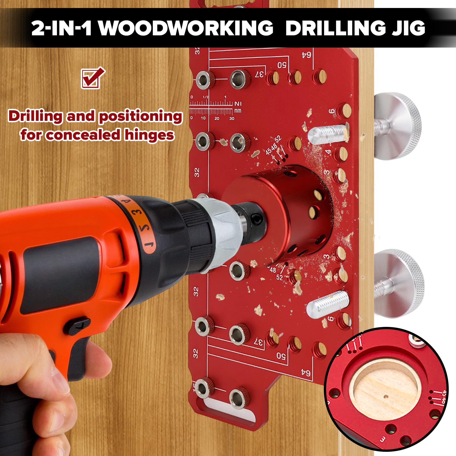 2 in 1 Bohrschablone, 35mm Scharniervorrichtung, Lochreihenschablone für Regalstifte, inkl. 5mm und 1/4 Zoll Bohrer, Präzises DIY Holzbearbeitungswerkzeug für Möbelbau
