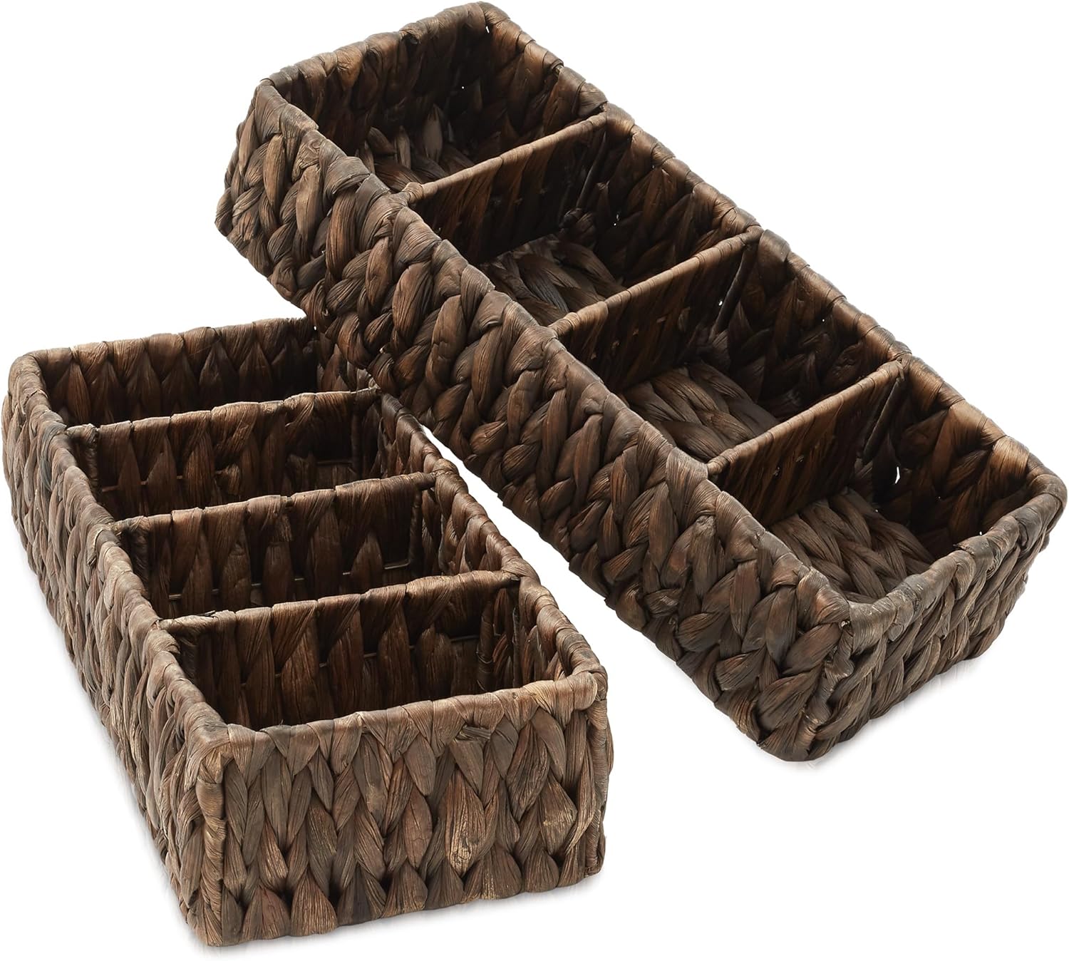 Casafield Set of 2 Water Hyacinth Basket Organizers with 4 Sections, Espresso - Woven Storage Bins for Bathroom, Laundry, Pantry, Office, Shelves