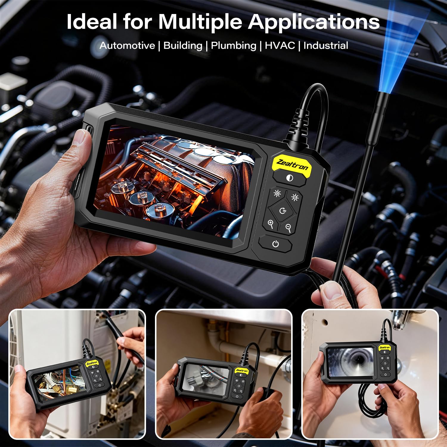 Caméra endoscopique portative avec écran IPS 4,3 Pouces – Câble Semi-Rigide 5m avec 8 LEDs, étanche IP67 pour réparation Automobile, Inspection de plomberie, HVAC – sans Wi‑FI ni Application