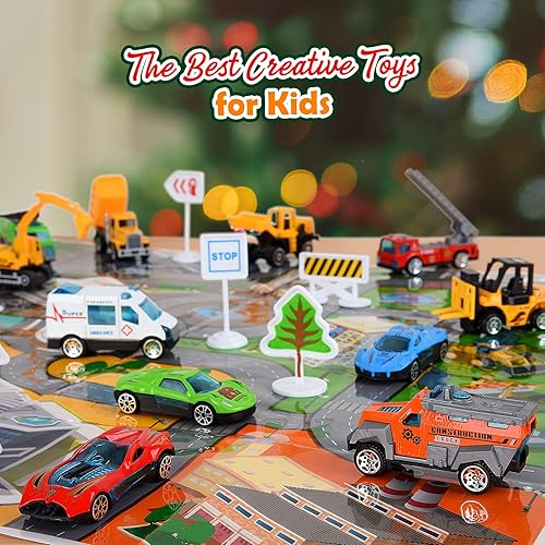 Miniatura 7 de Calendario de Adviento de Navidad 2022 para niños vehículos de aleación y juegos de helicópteros de juguete más 2 alfombrillas de juego, regalo