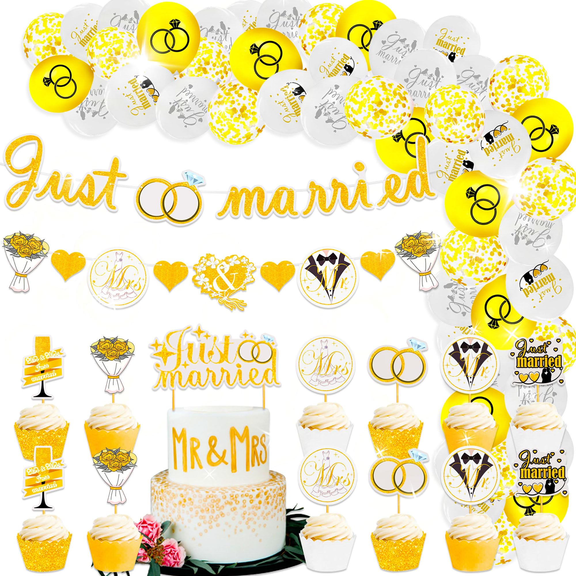 JeVenis recién casados decoraciones del partido decoración de la boda guirnalda de oro blanco del anillo de diamantes bandera globo cake topper boda fiesta de suministros para la fiesta de despedida