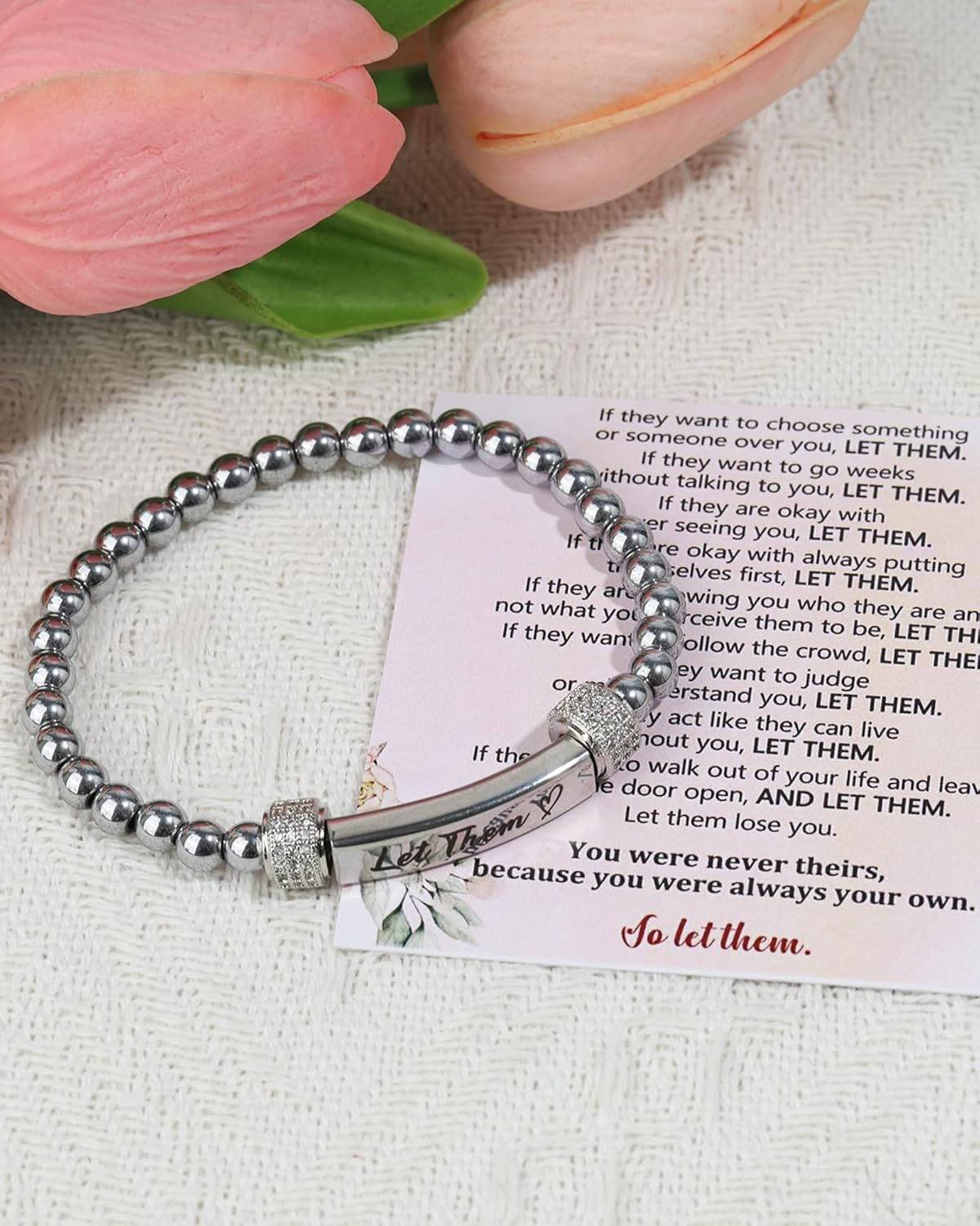 Let Them Bracelet for Women Let Them Engraving Bracelet Trendy Silver Beaded Stretch Wrist Chain Inspirational Self Worth Motivational Jewelry Gifts for Friends Sister Besties BFF - Image 7
