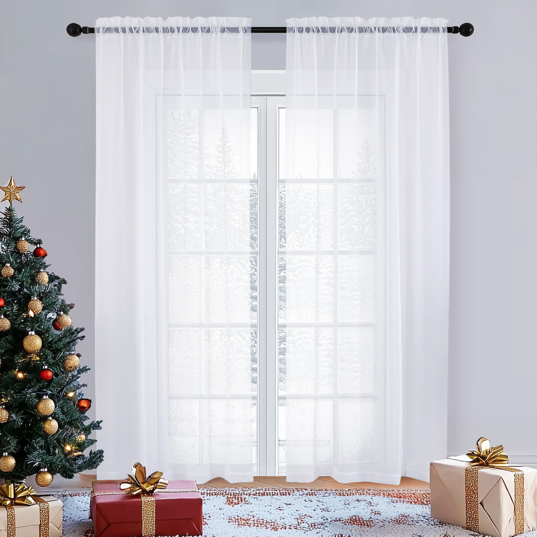 OVZME Sheer Curtains 84 inches Long 2 Panels Set, Living Room/Bedroom, Rod Pocket Voile White Sheer Curtain Drapes, Airy Lightweight Window Treatments, Each 42W x 84L