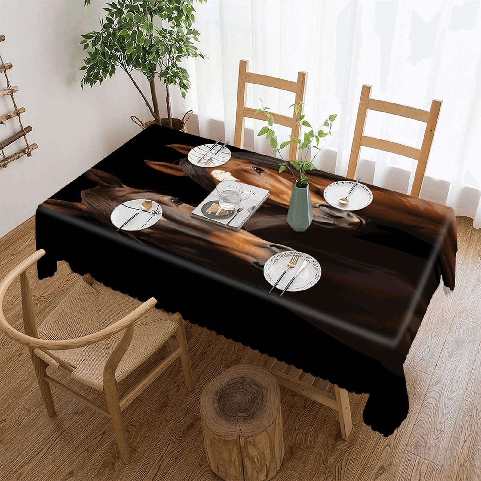 FekiLoot Two Horses Standing on Black Background Tablecloths for Rectangle Tables Wipeable Spillproof Polyester Table Cloth Wrinkle Free Farmhouse Dining Tables Cover Elegant Vintage Decor Tablecover