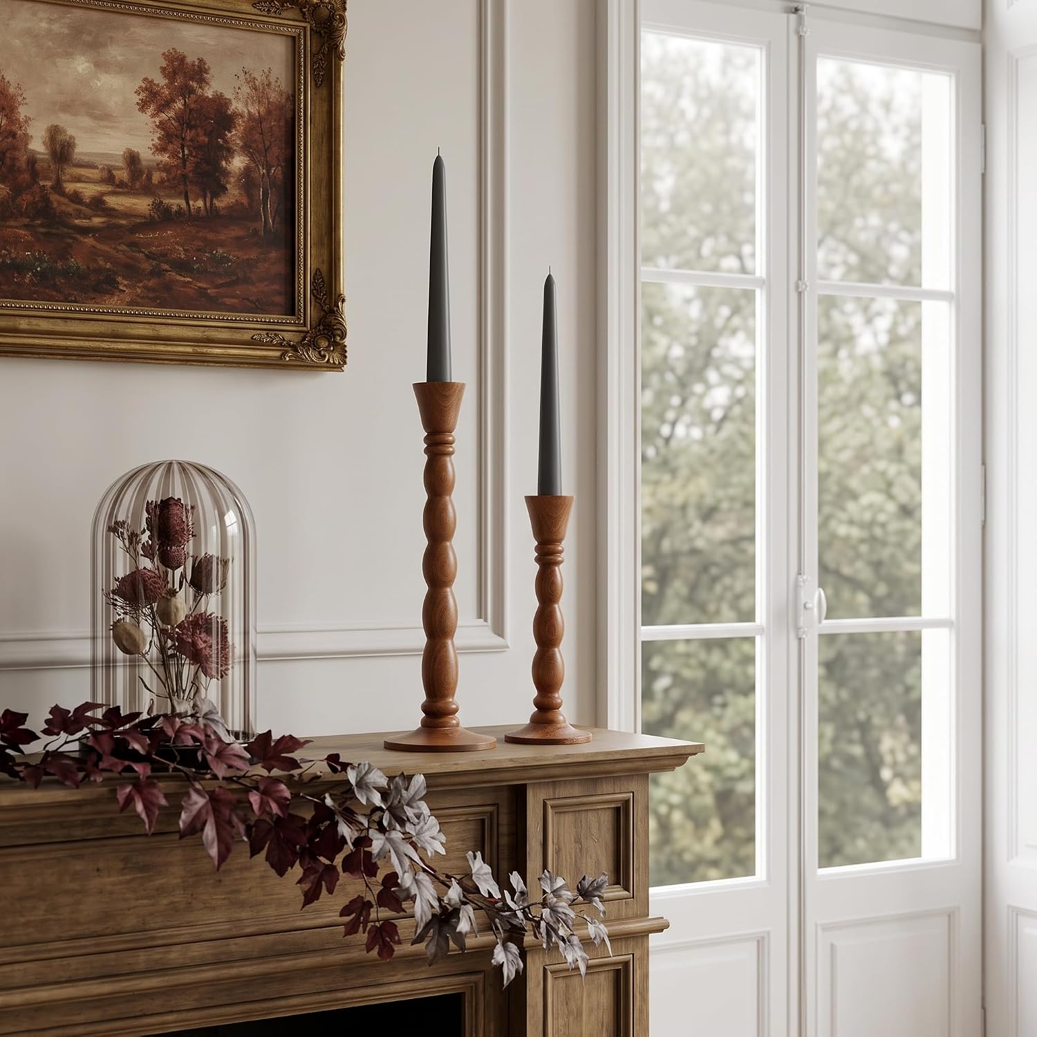 Wooden Taper Candle Holders Set of 2, Tall Rustic Brown Candlesticks