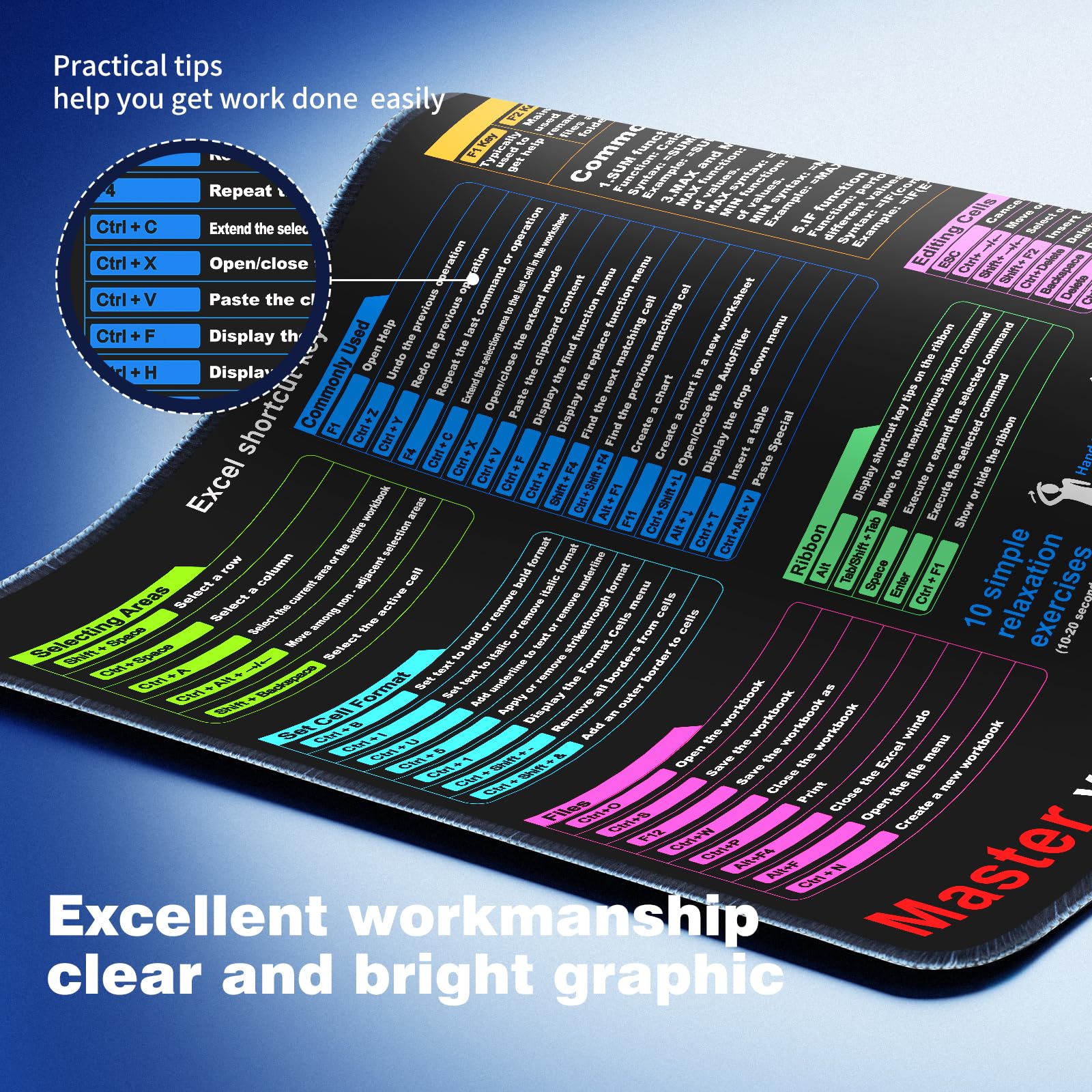 Excel Cheat Sheet Desk pad—Contains 12 Types of Common Skills in Excel and Word|Large XL Size（31.5 * 11.8 inch）|Desk mat for Keyboard and Mouse|Work、Study、Gaming Mouse pad|Waterproof、Anti-Slip - 4
