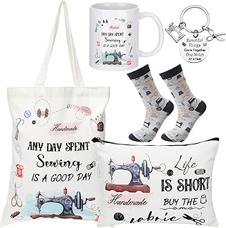 Abbylike 5 Pcs Sewing Gifts for Seamstress Women Gifts Canvas Bag Cosmetic Bag Quilting Coffee Mug Socks 11 oz Cup Quilter Keychain Funny Presents for Mom Quilters Sewing Lovers(White,Classic)