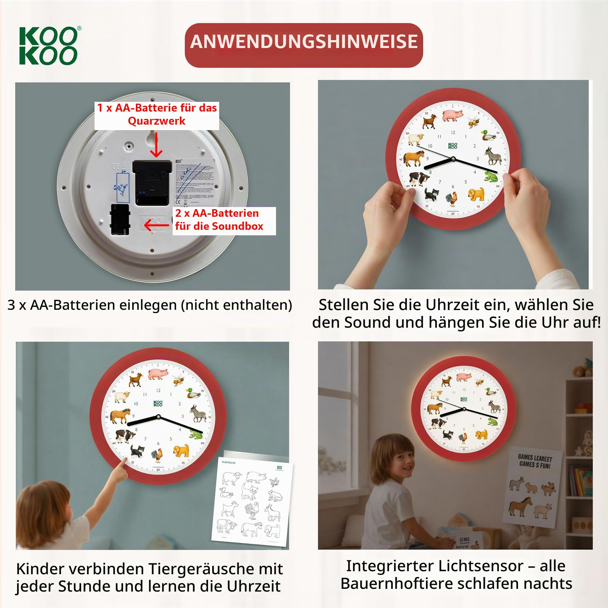KOOKOO KidsWorld erdbeer-rot, Bauernhofuhr mit 12 echten Tierstimmen vom Land