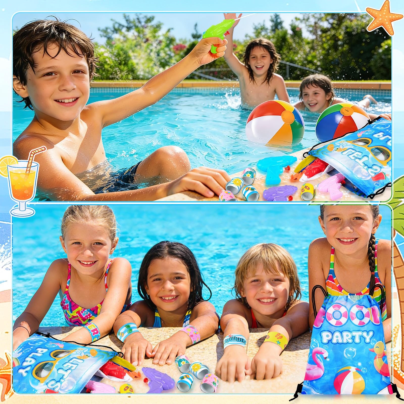 Detalles de Fiesta de Piscina, 108 Piezas Accesorios de Fiesta de Verano para Niños, Pelotas de Playa, Bolsas con Cordón, Pegatinas, Suministros para Fiesta de Cumpleaños Hawaiana