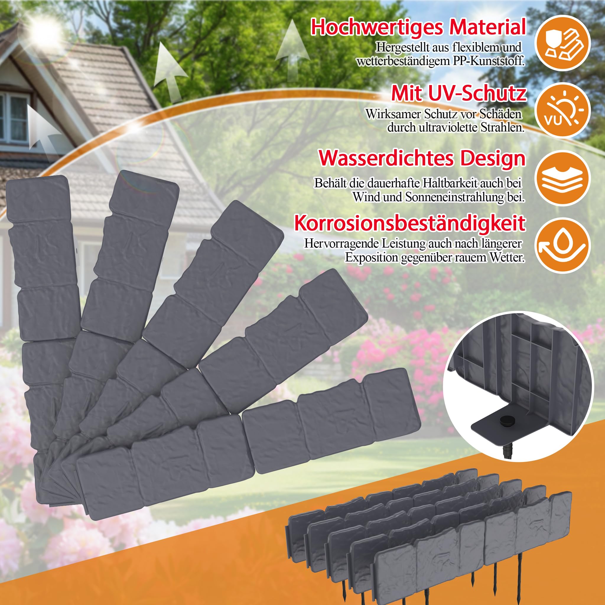 HENGMEI Bordo per aiuole in plastica, 2,5 m, con effetto pietra, 10 pezzi, 25 x 23 cm (lunghezza x altezza), antracite