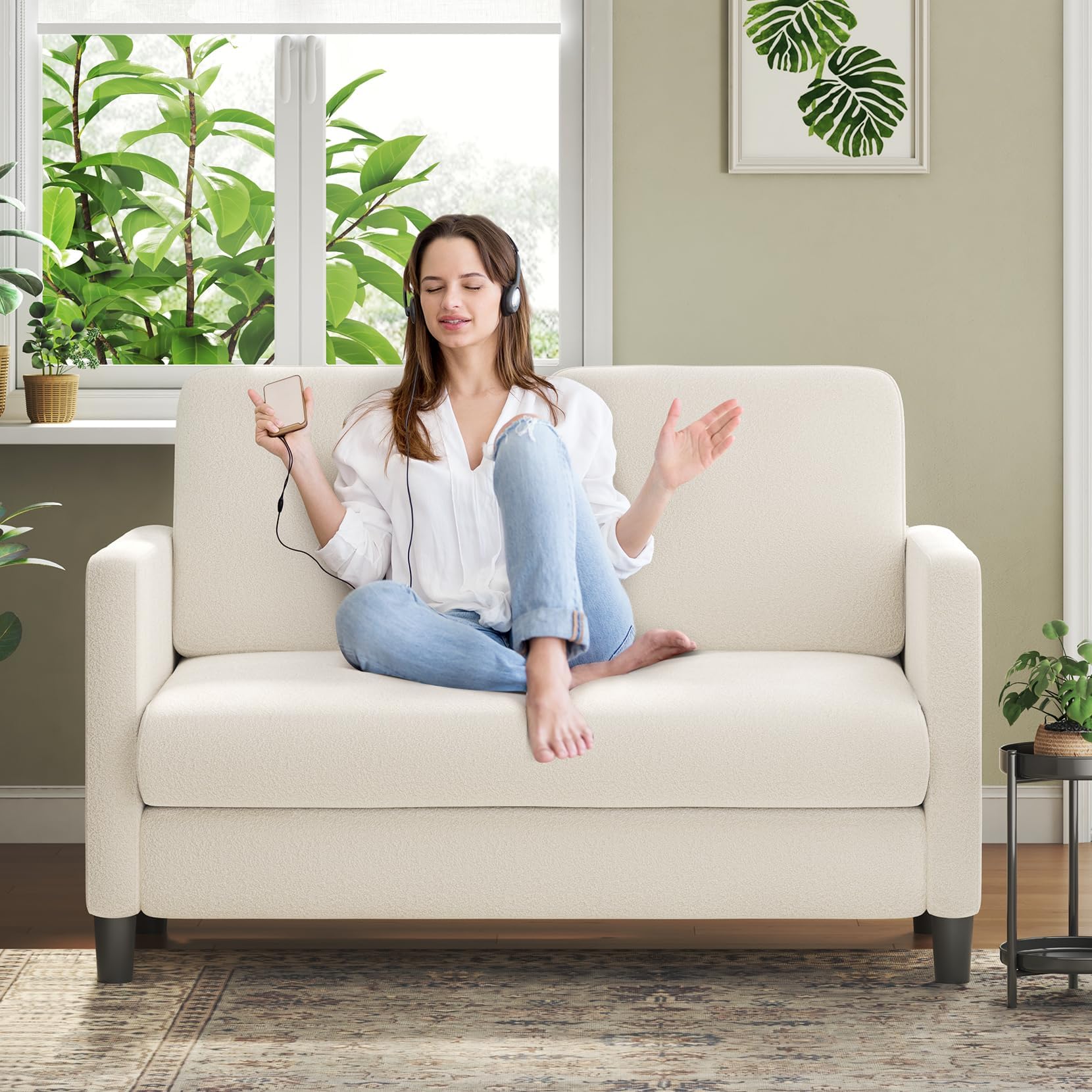 Two Seater Sofa, Modern 2 Seater Sofa, Teddy Fabric Sofa 2 Seater, Love Seat, Small 2 Seater Sofas for Living Room, Bedroom, Home Office, Studio, Apartment, Beige