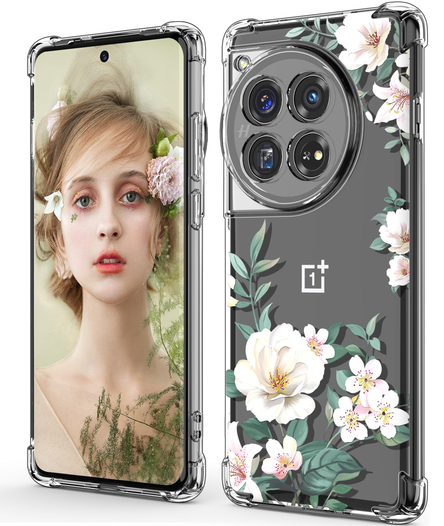 for OnePlus 12 5G Case,1+ 12 Phone Case, Crystal Clear Flower Pattern Slim Flexible TPU Reinforced Corners Shock-Absorption Case Cover for OnePlus 12-Magnolia