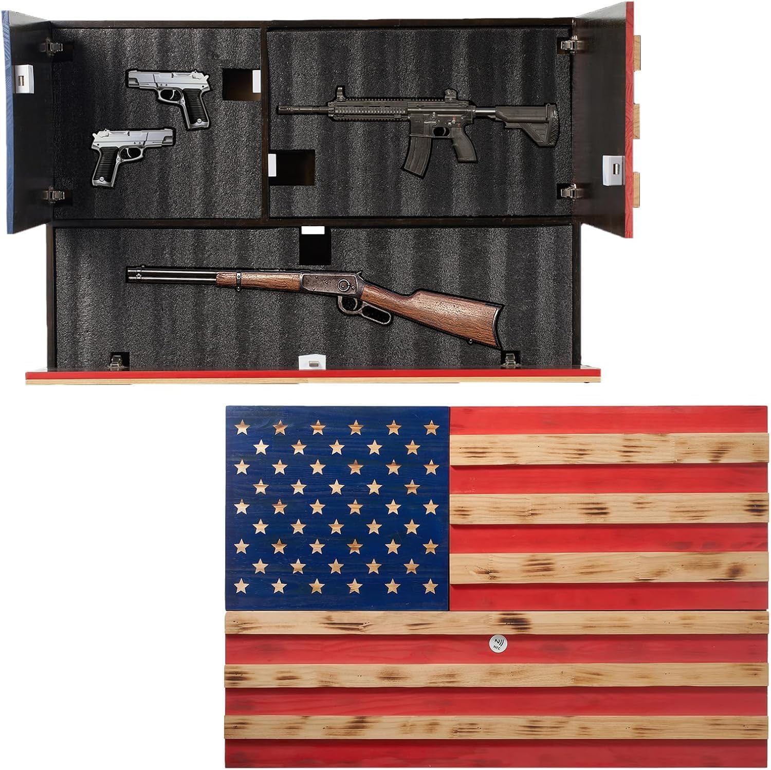 GUTE Tactical Hidden Gun Storage American Flag Wall Rack – Concealment Cabinet with RFID Lock, Trap Door – 35