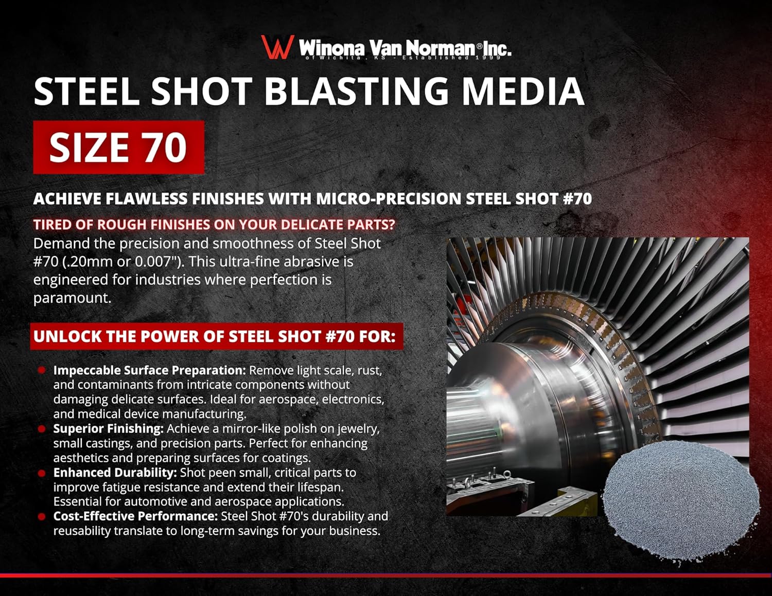 Winona Van Norman S-70 Precision Steel Shot (.20mm/.007") Ultra-Fine Abrasive Media for Delicate Metal Finishing, Stainless Steel Prep, & Light Shot Peening (25lb)
