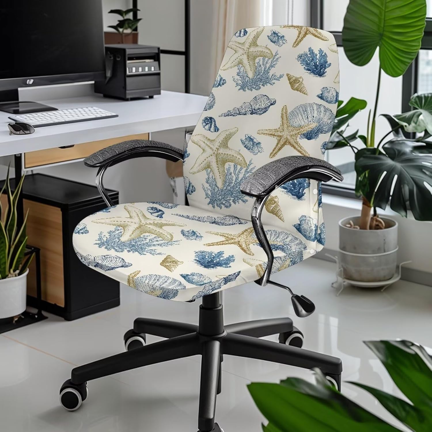 Wanyint Star Conch Coral Beige Office Chair Cover with Elastic Bottom Stretch Computer Desk Chair Cover Anti-Slip High Back Chair Cover with Elastic Bottom Office Decor, S