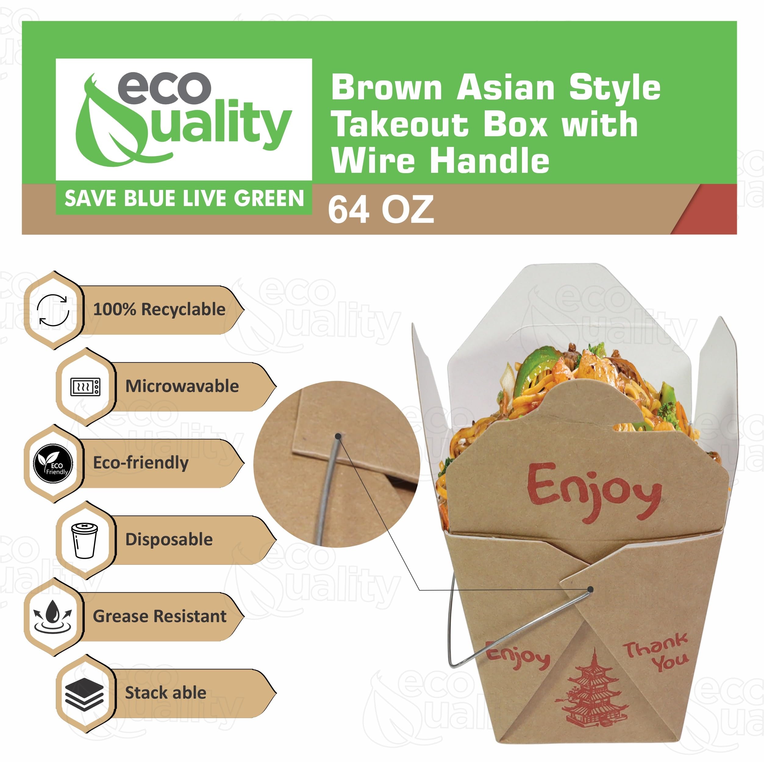 EcoQuality 64 oz Brown Asian Style Take Out Food Boxes with Wire Handle – Classic Asian-Style Paper Containers for Chinese Takeout, Leftovers, Meal Prep, and Party Favors (25)