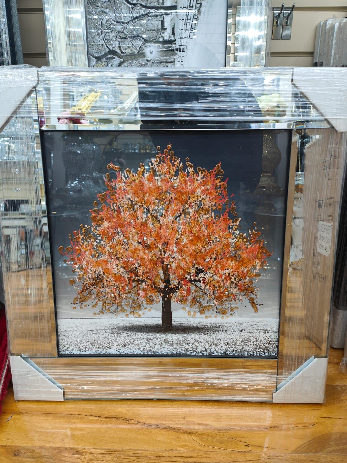Biznest Blossom Tree Picture in Mirrored Frame Glitter 3D Wall Art Picture Glitter Liquid Art Home Decor 55x55Cm (Orange)