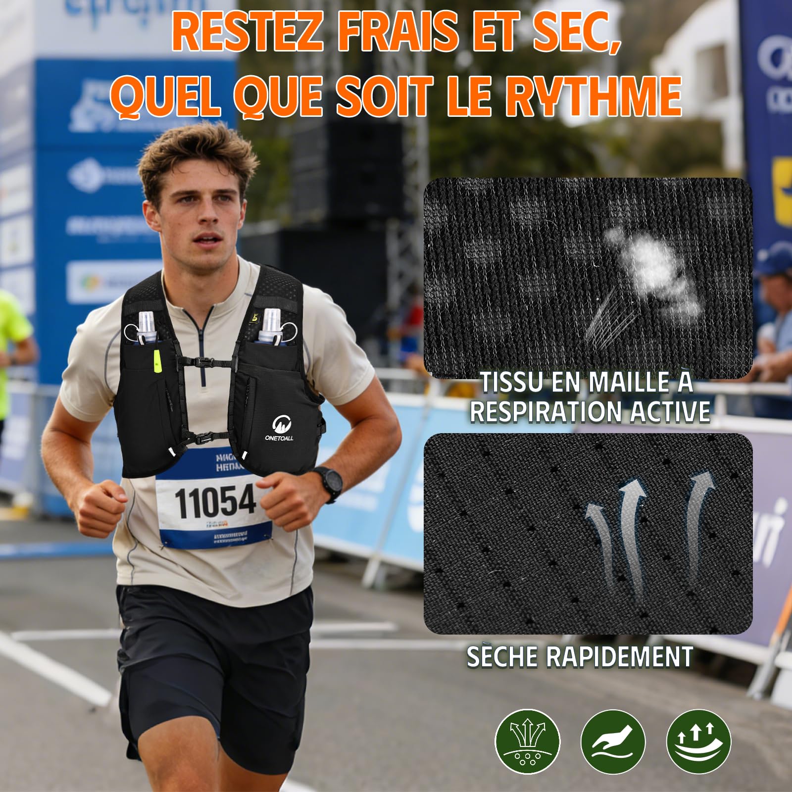 Gilet d'Hydratation Réfléchissant avec 2 Bouteilles 500ml - Sac à Dos de Course pour Homme Femme - Veste Running pour Marathon, Trail, Jogging