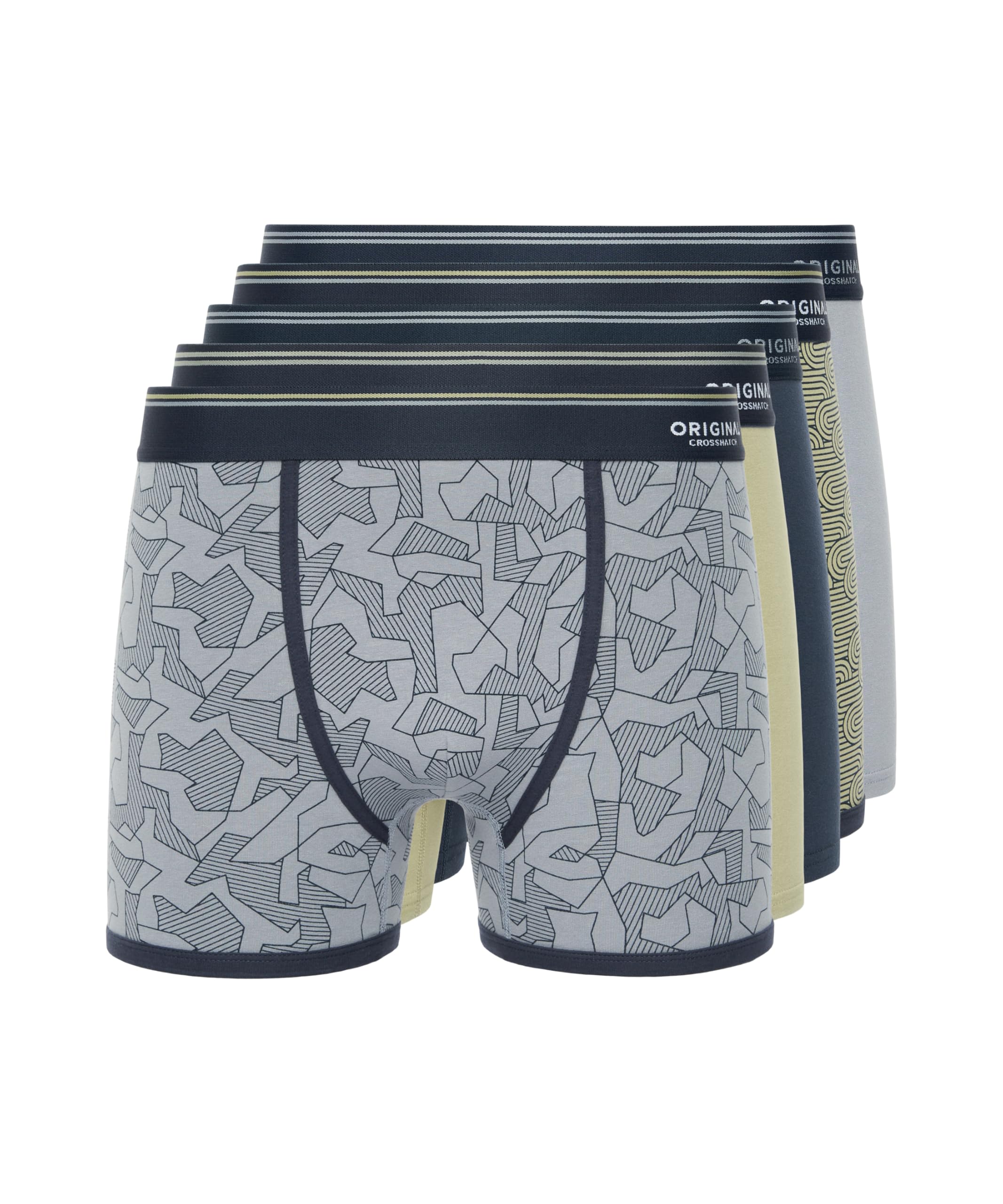 Crosshatch Men’s Spherigon Boxer Shorts (Pack of 5), Premium Stretch Cotton Underwear Multipack with Contrast Jacquard Waistband & Overlock Stitching, Plain & Patterned Designs,Multicolor-M
