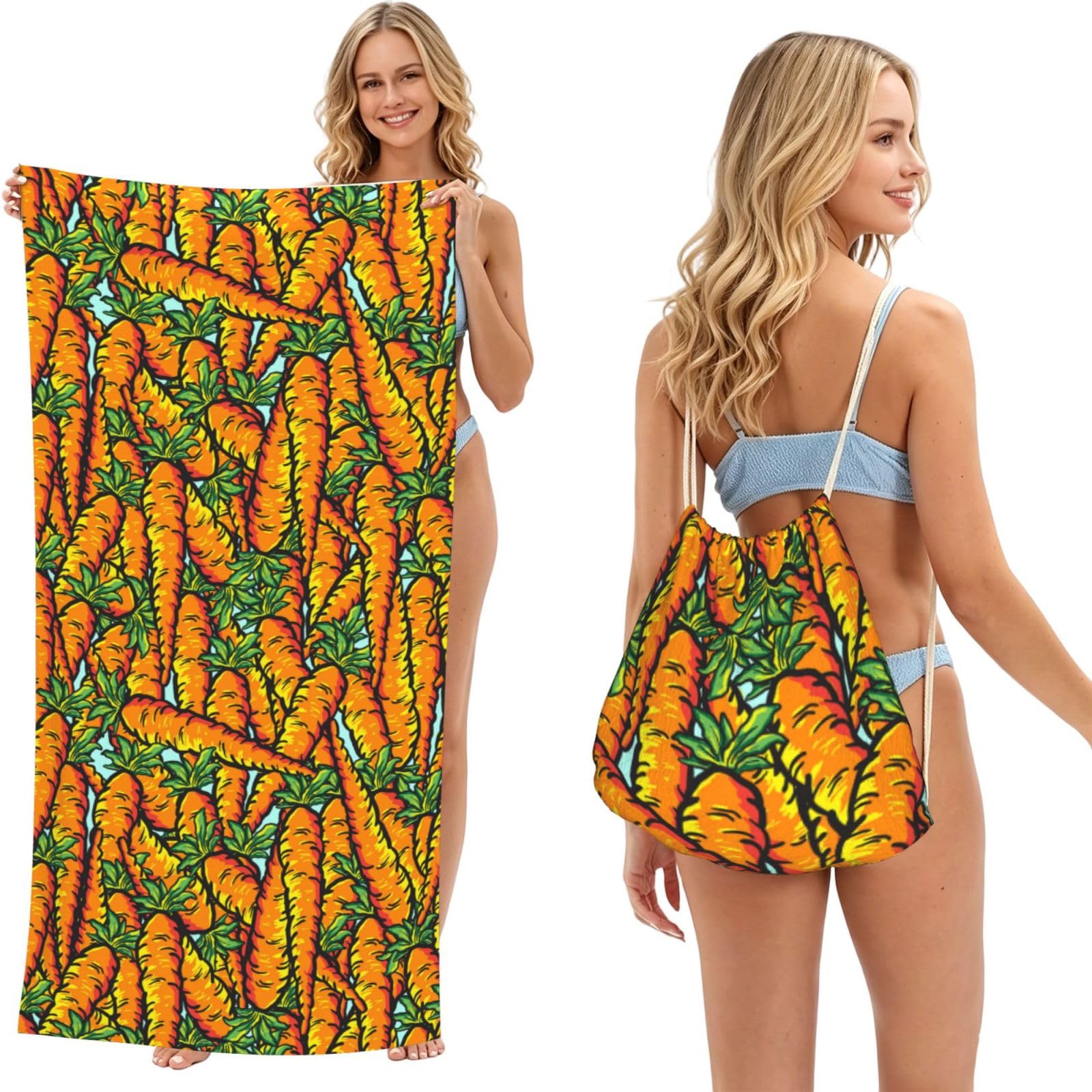 Poadnly As Picture Carrots, 2 In 1 Packable Towel Bag, Beach Towels With Drawstring Backpack For Travel Holiday Camping
