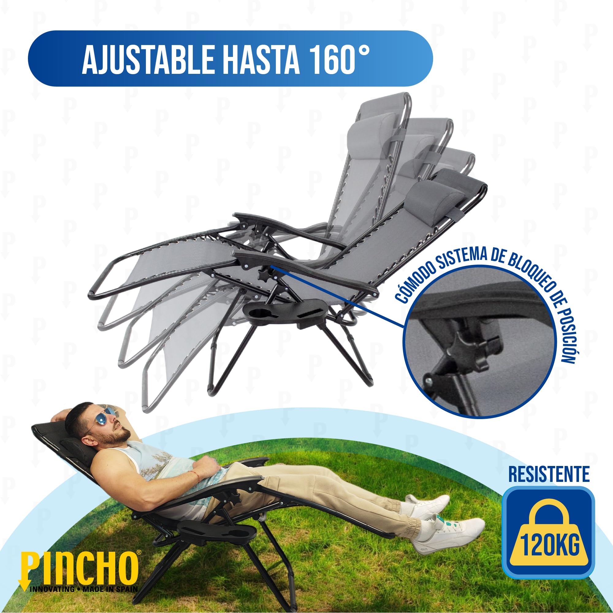 Pincho Tumbona Jardin Exterior Plegable de Gravedad Cero - Pack 2 Sillas Reclinables o Hamacas para Playa, Terraza y Camping con Portavasos, Ligeras y Cómodas (Gris)