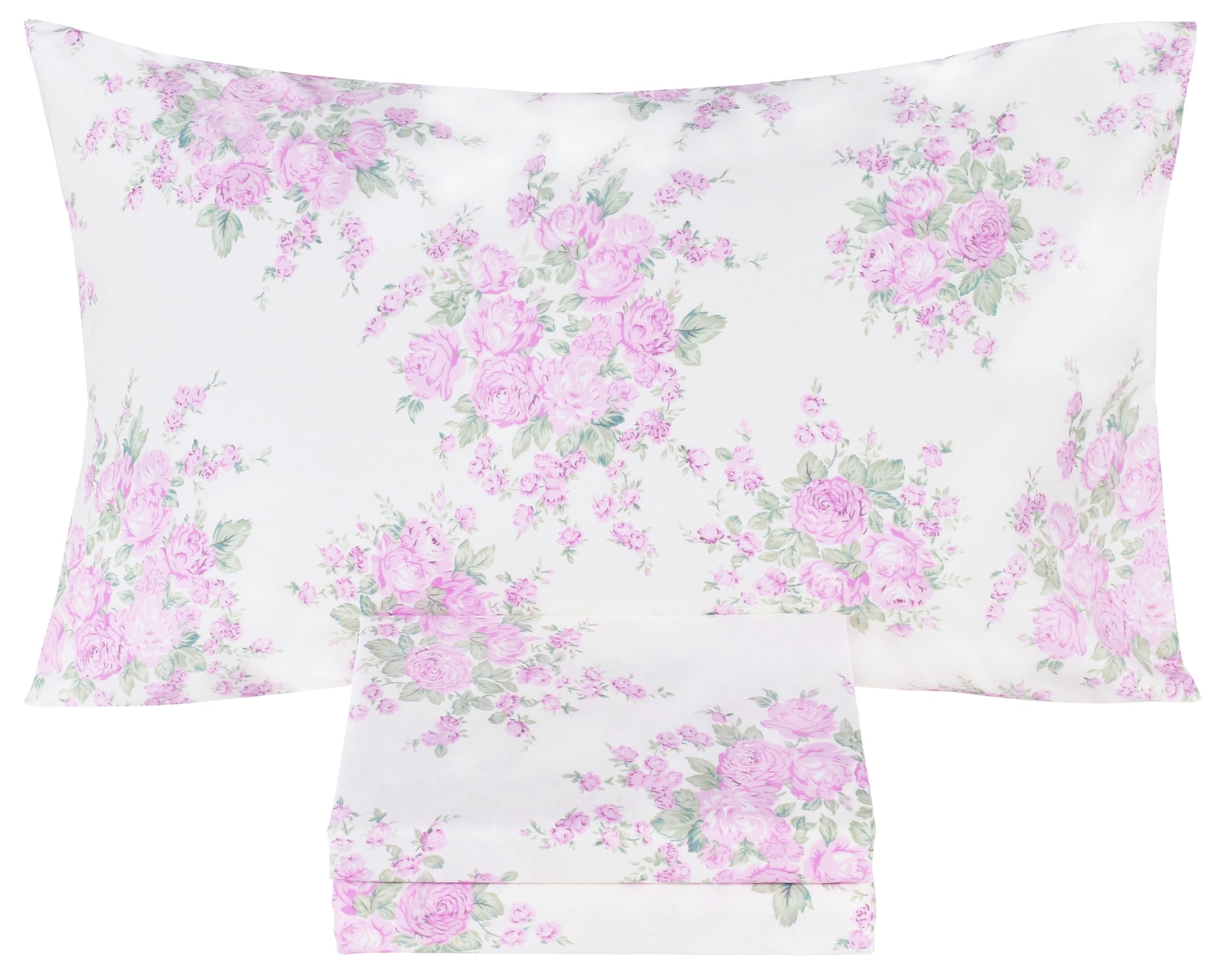 Scientific Sleep Pink Rose Bright Floral Plant Flower 100% Cotton 3 Pcs Twin Bed Sheet Set Kids Toddler Teen, Flat Sheet & Fitted Sheet & Pillowcase