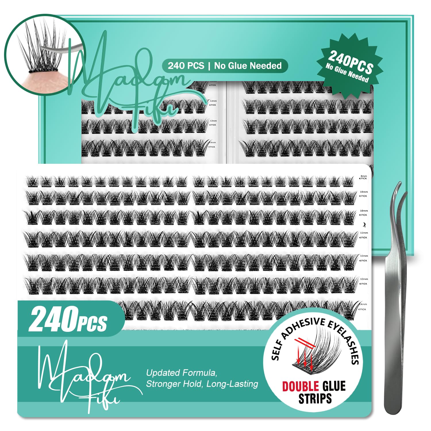 Self Adhesive Lash Clusters, 240 Pcs Individual Eyelashes No Glue Needed, 8–16mm Fluffy Wispy Cluster Lashes, DIY Lash Extension Kit for Natural Volume Look with Tweezers