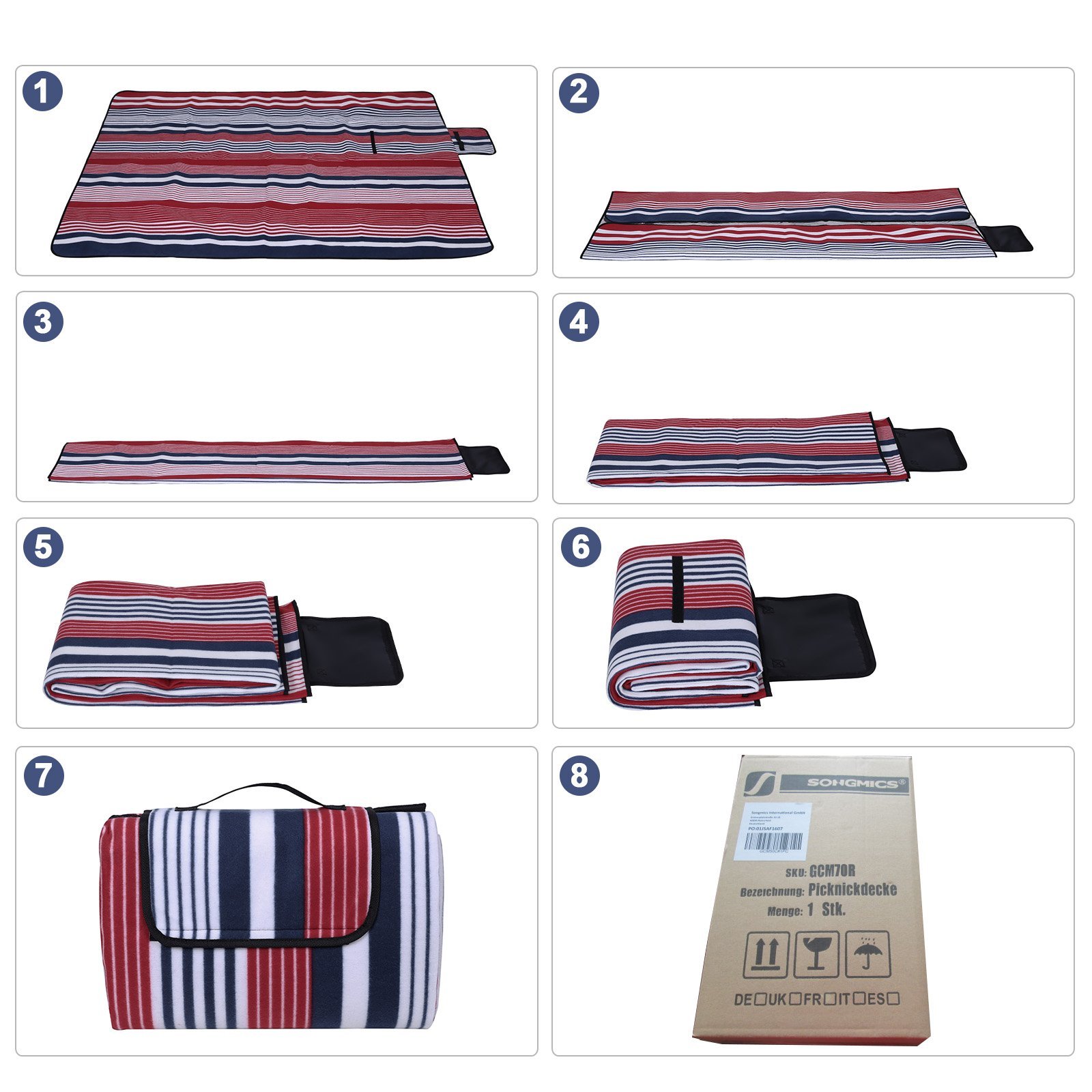 SONGMICS Coperta Picnic con Strato Impermeabile, 200 x 200 cm, Telo da Campeggio Spiaggia Giardino Esterno, Pieghevole e Leggera, Blu GCM70R Unisex-Adulto, Strisce Rosse e Bianche