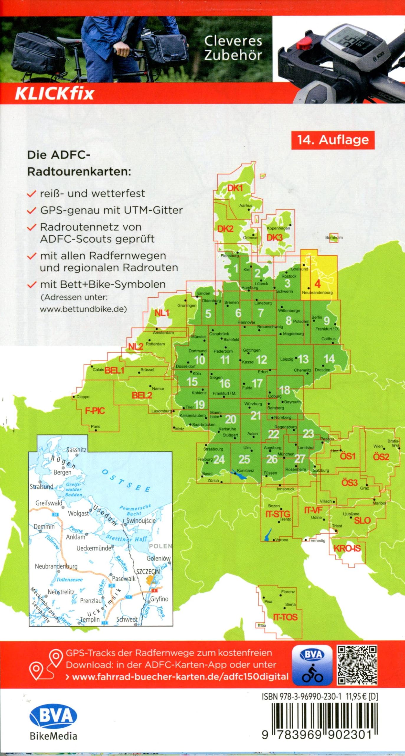 BVA ADFC Radtourenkarte Rügen/Usedom Vorpommern 1:150.000: reiß- und wetterfest, E-Bike geeignet, GPS-Tracks Download, mit Kilometer-Angaben: 4