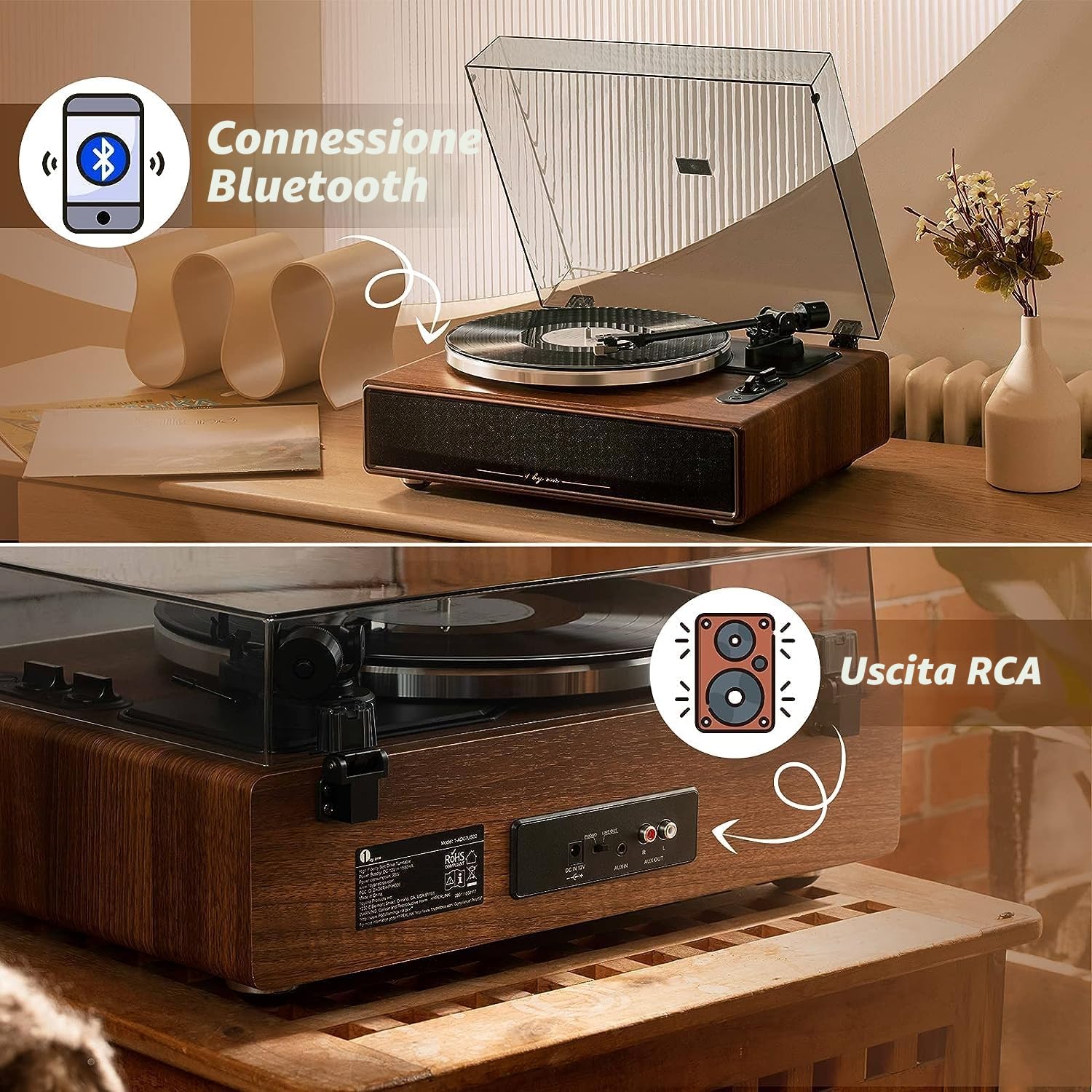 1 BY ONE Giradischi Vinili a Cinghia Hi-Fi con Altoparlanti Incorporati, Cartuccia Magnetica, Bluetooth, Aux-In, Auto-Off