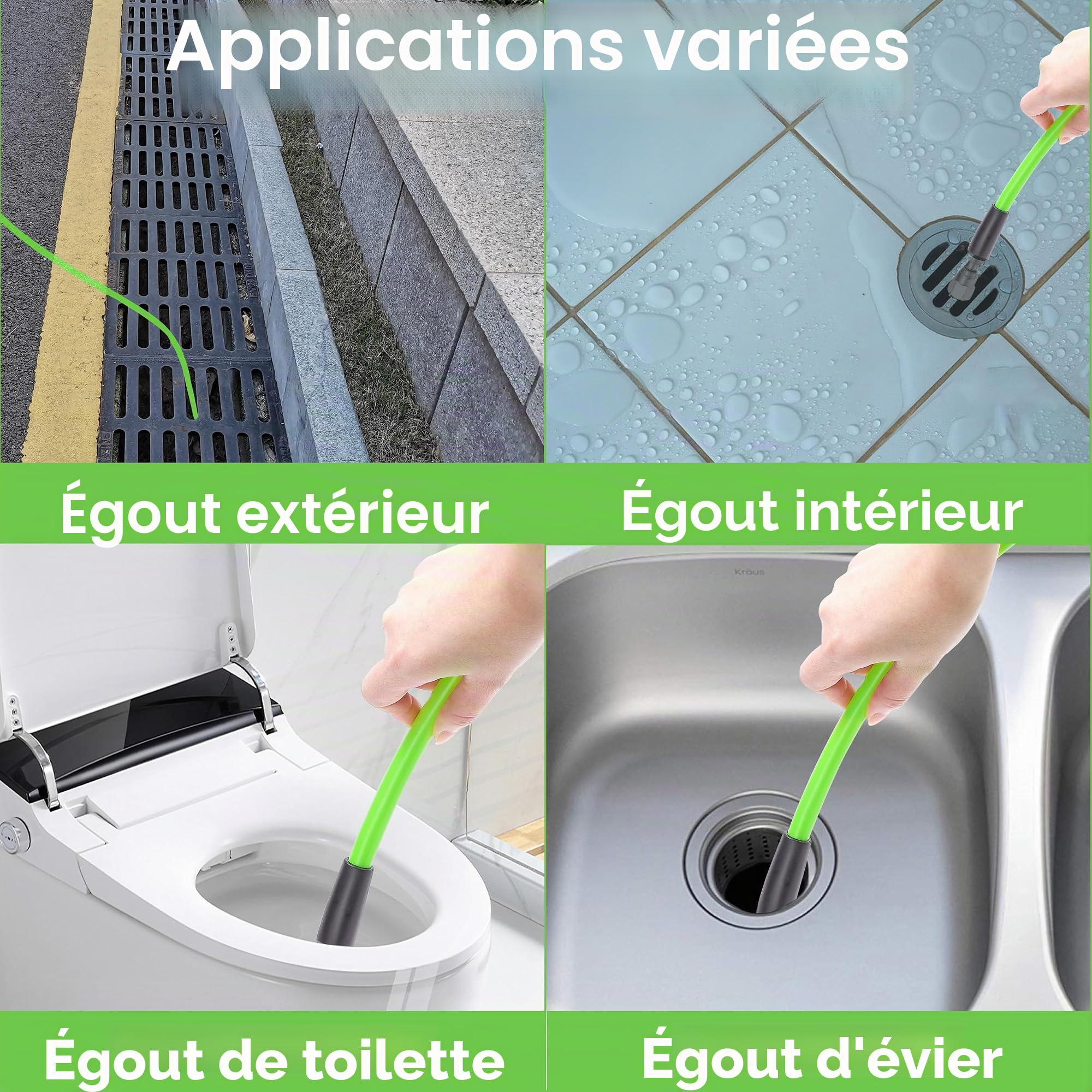 Tool Daily 15m Tuyau Déboucheur Canalisation pour Karcher K2-K7 & Bosch AQT | Kit de Débouchage, Furet Deboucheur Canalisation avec 4 Adaptateurs Nettoyeur Haute Pression, Buse à Jet et Rotative, 250 bar