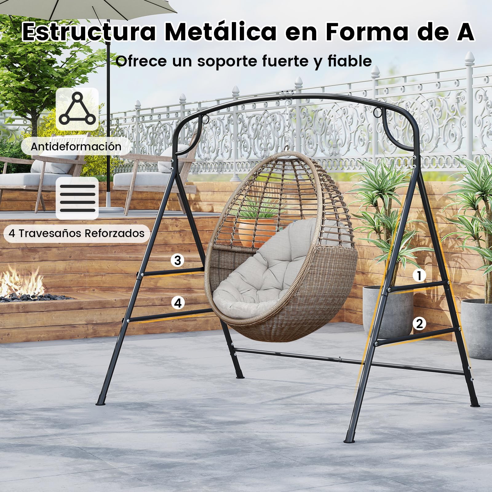 COSTWAY Soporte Hamaca en Forma A, Soporte Columpio de Metal, Carga Máxima de 300 Kg, Soporte Silla Colgante Patio Terraza Balcón Jardín, 180 x 133 x 182 cm (3 Anillos)
